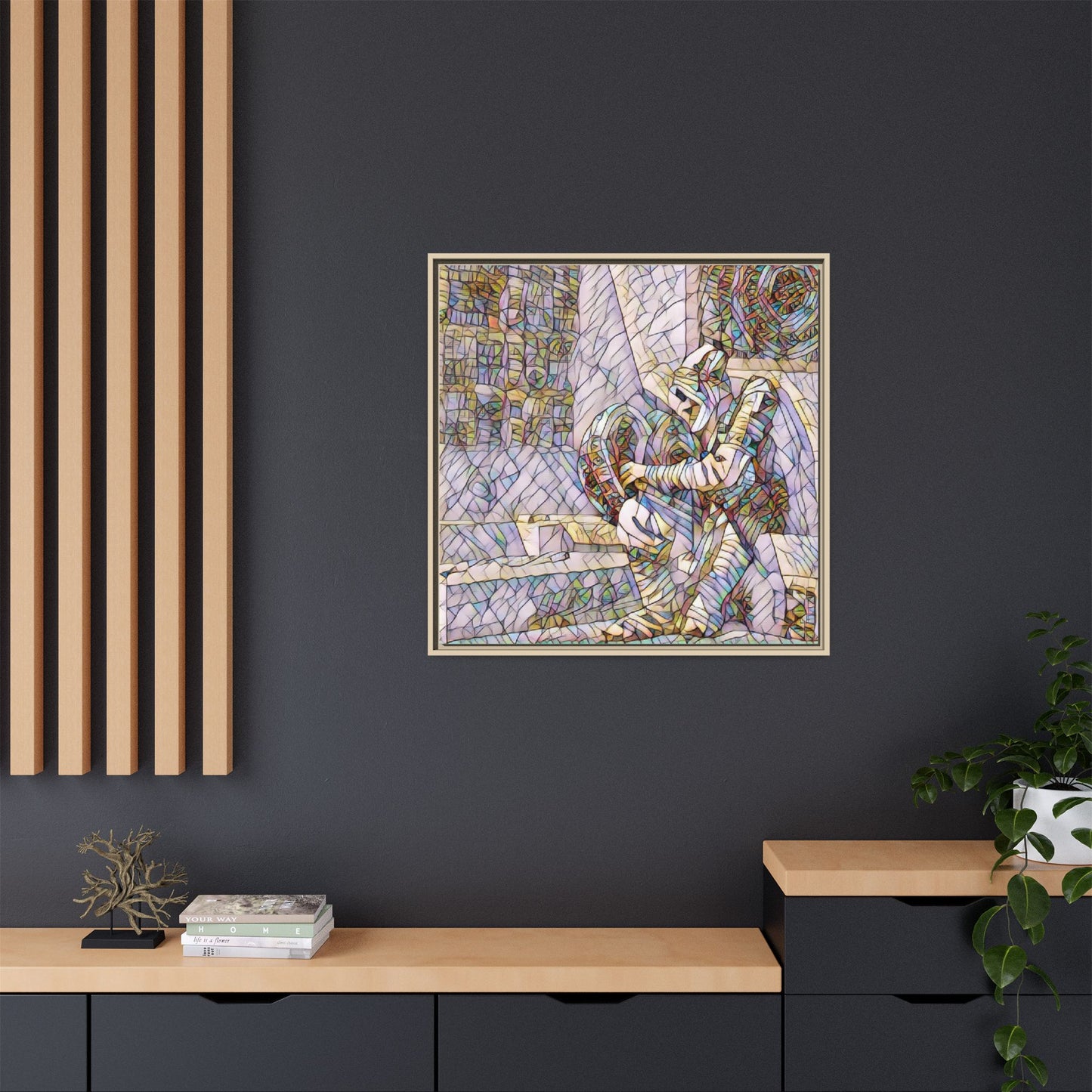 Framed Matte Canvas Art — Colorful Stained-Glass Astronaut Embrace
