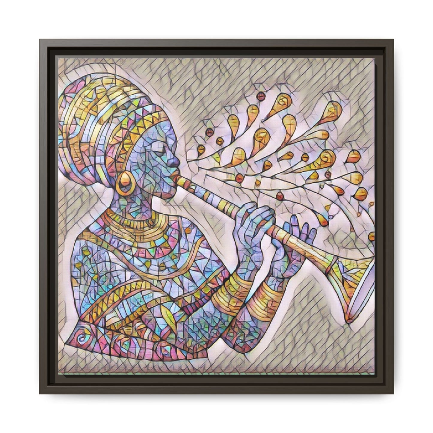 Framed Matte Canvas Art – Colorful African Musician Trumpet Print