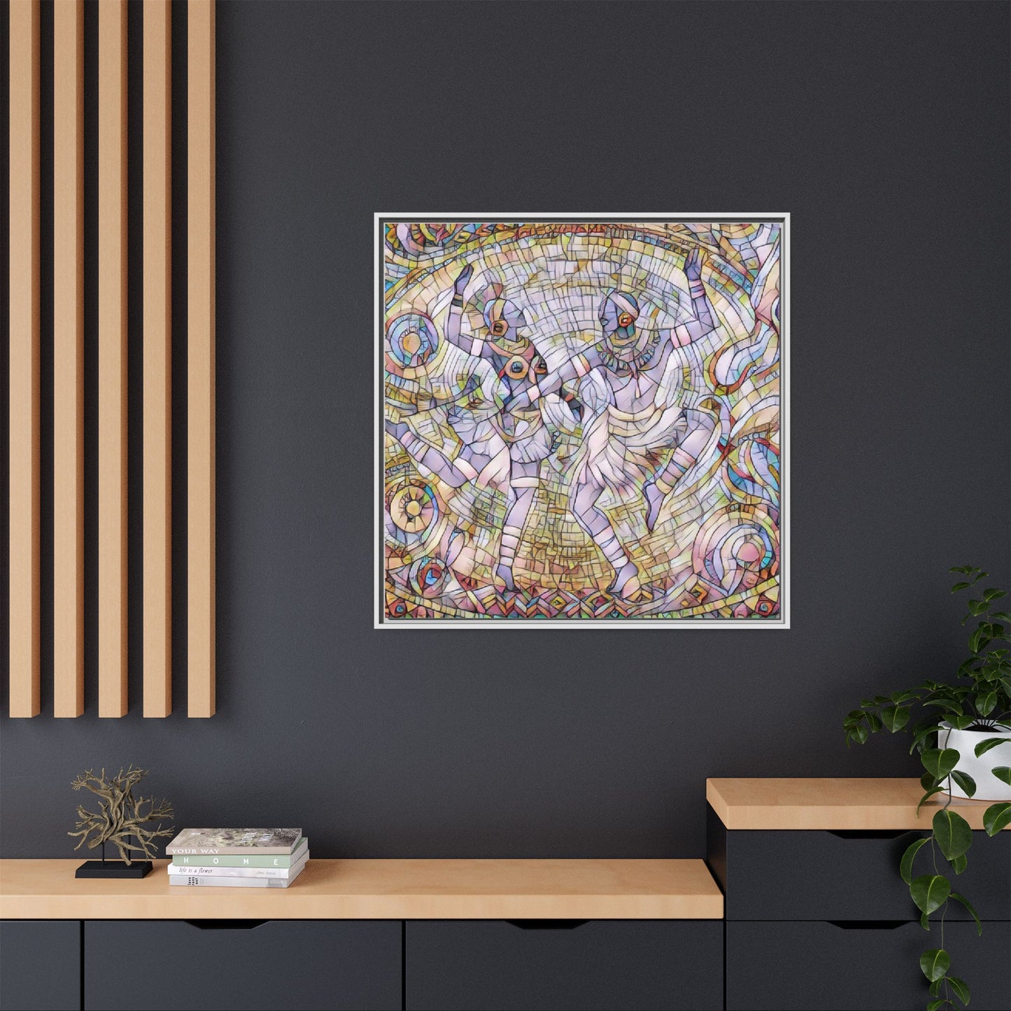 Abstract Dancers Matte Framed Canvas Wall Art — Multi‑Color Stained Glass Style