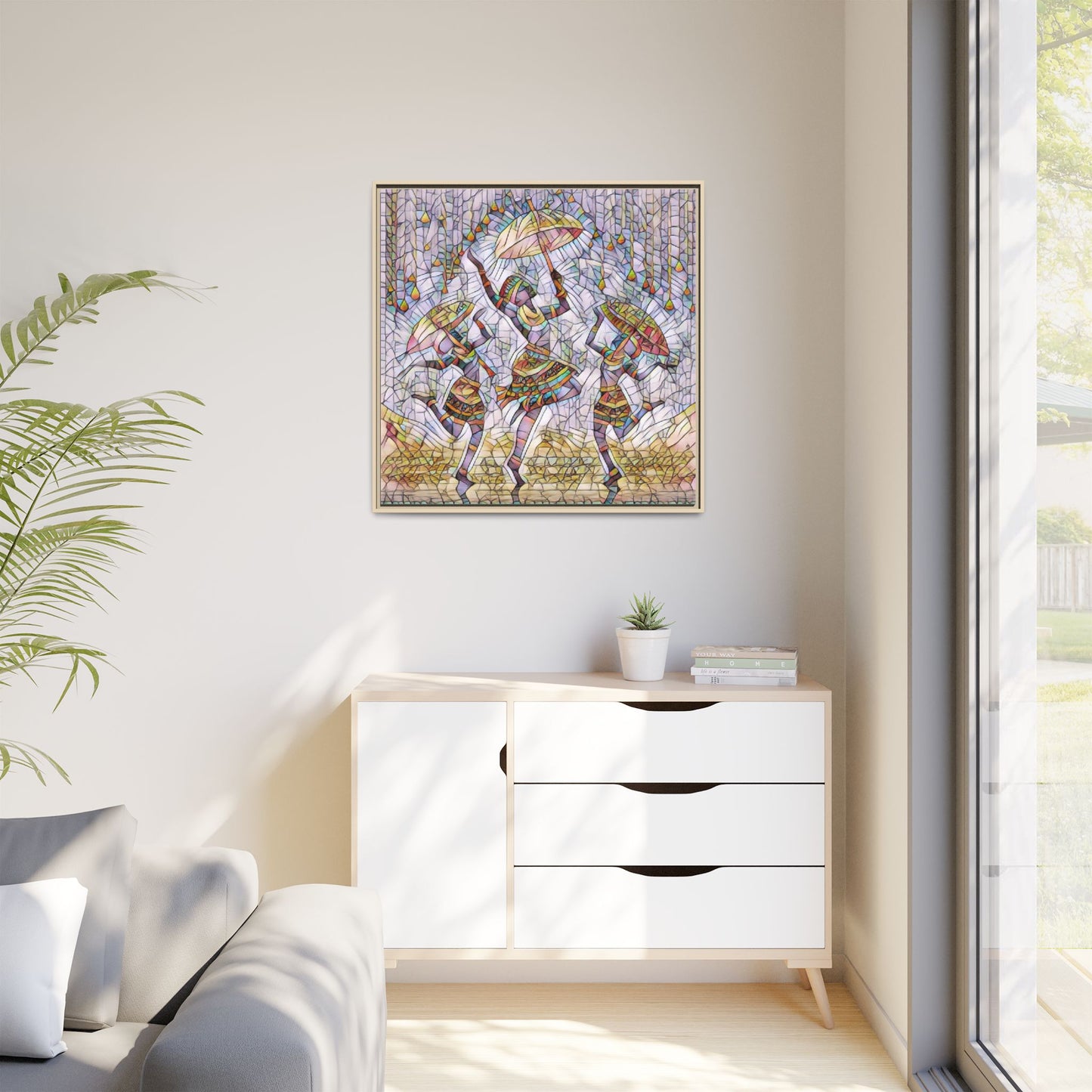 Colorful African Dance Framed Canvas Art — Umbrella Dancers Wall Decor