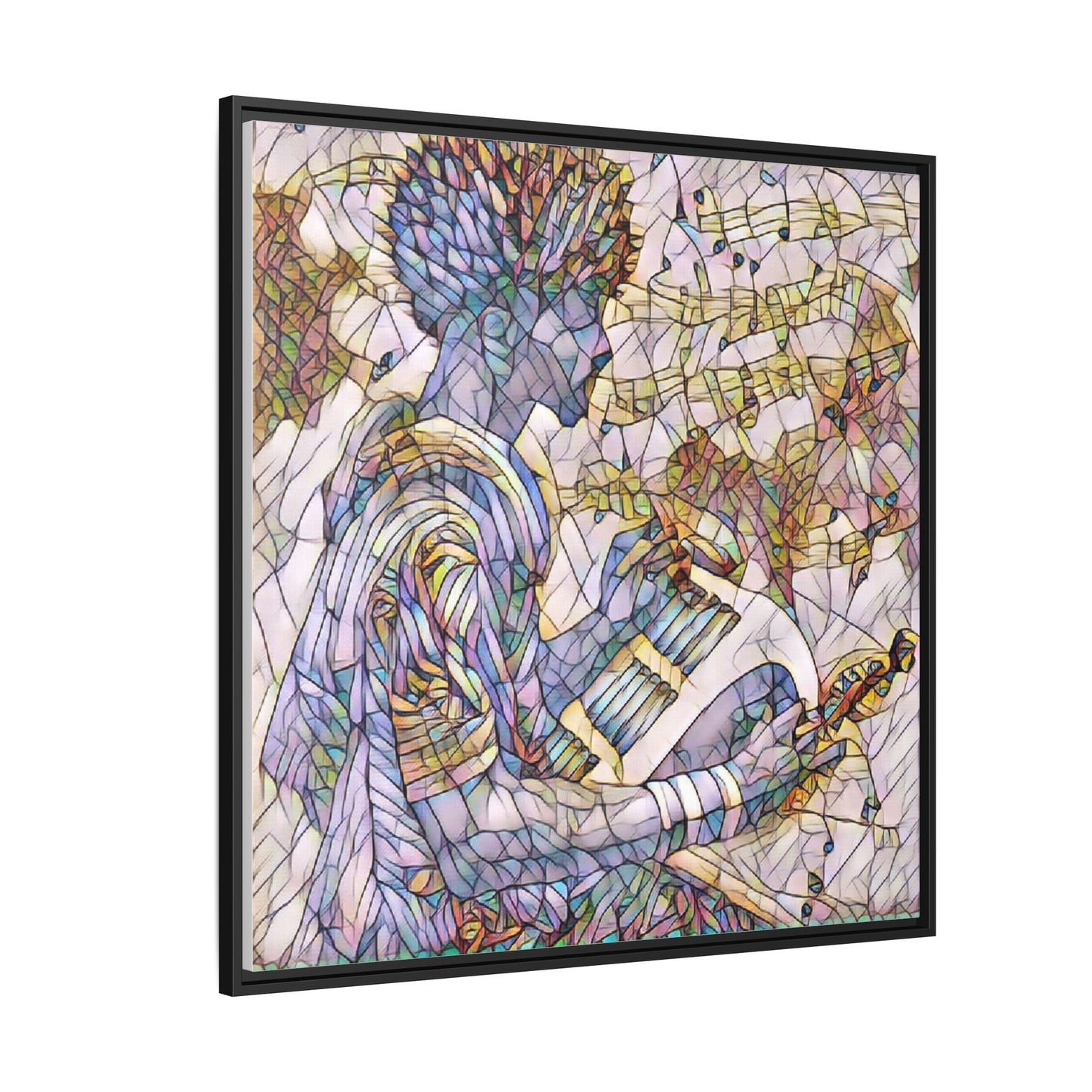 Abstract Jazz Musician Framed Canvas Art — Colorful Stained-Glass Style Wall Decor