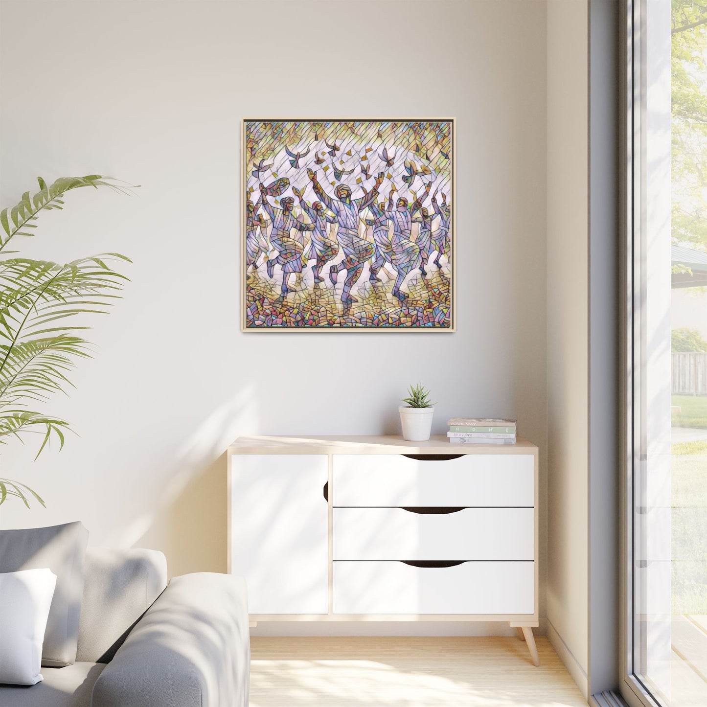 Framed Canvas Art - Joyful Dancers with Doves (Multicolor)
