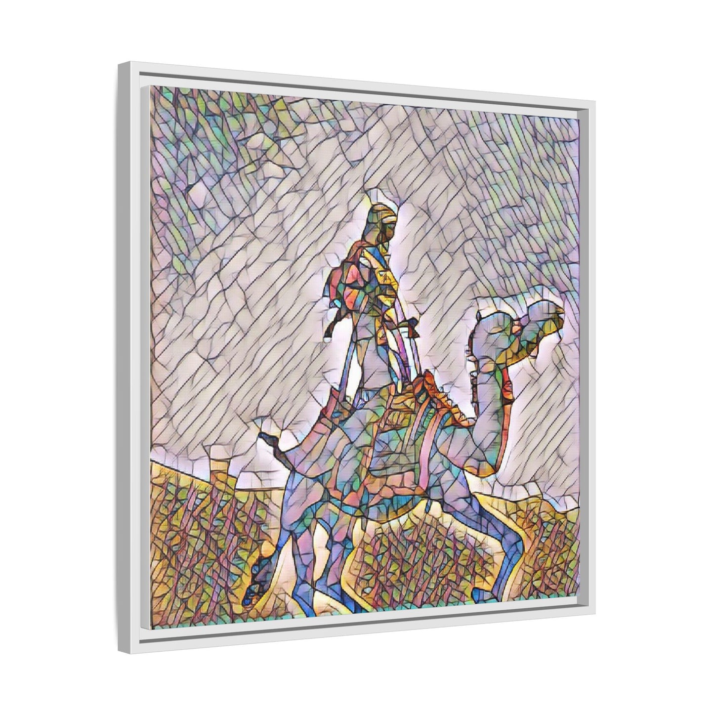 Framed Camel Rider Matte Canvas Art — Colorful Mosaic Desert Wall Decor