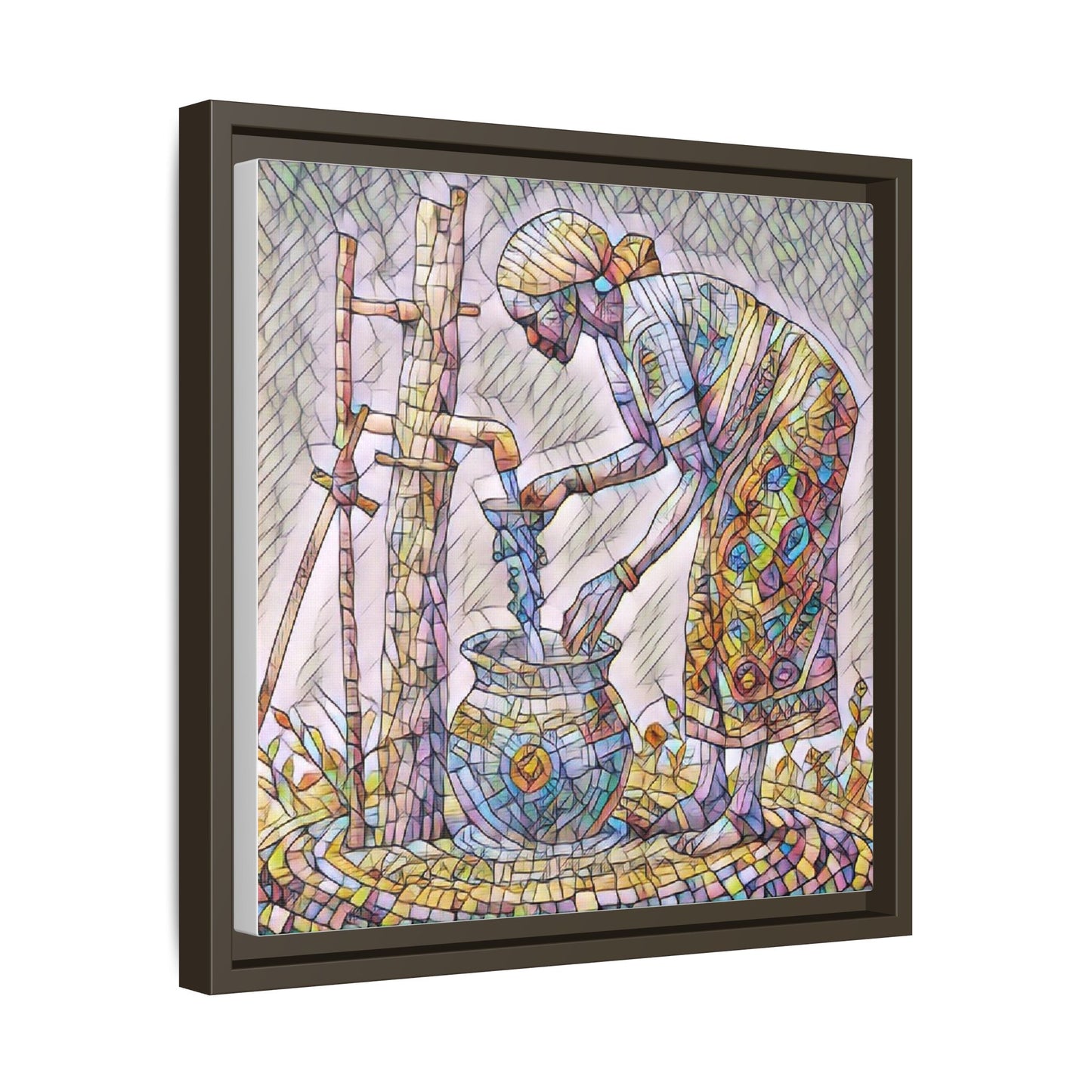Framed Matte Canvas Art — Colorful Mosaic Woman at Well