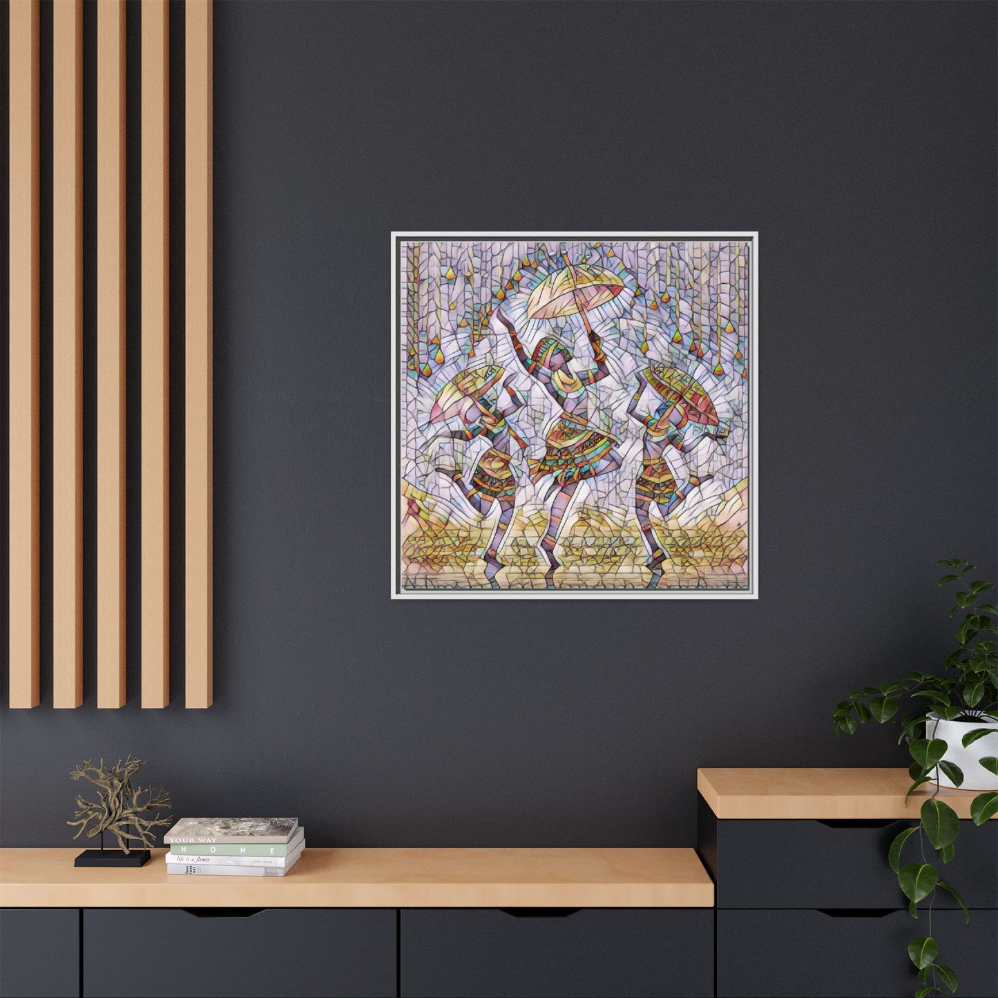 Colorful African Dance Framed Canvas Art — Umbrella Dancers Wall Decor