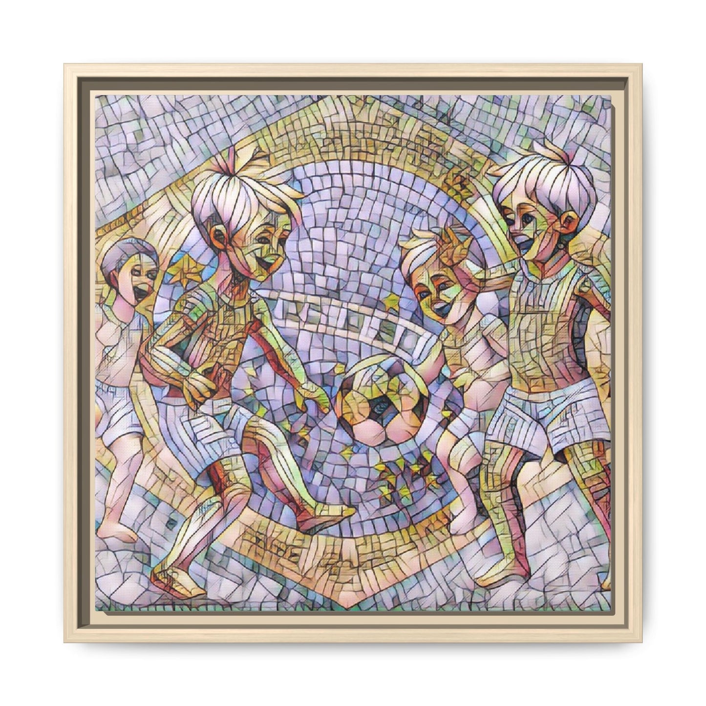 Framed Matte Canvas – Vintage Mosaic Kids Playing Soccer Art