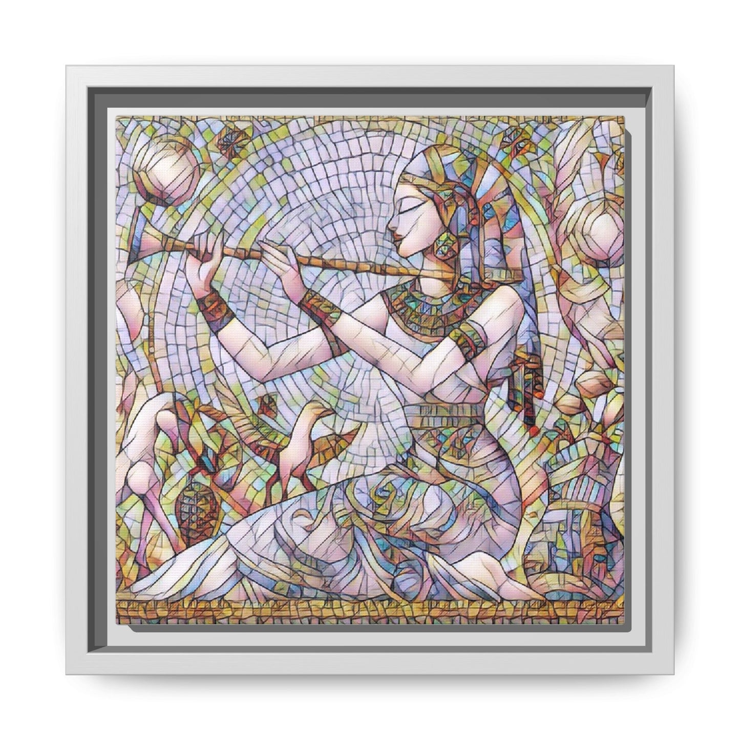 Egyptian Flute Player Framed Canvas Art — Colorful Mosaic Wall Decor