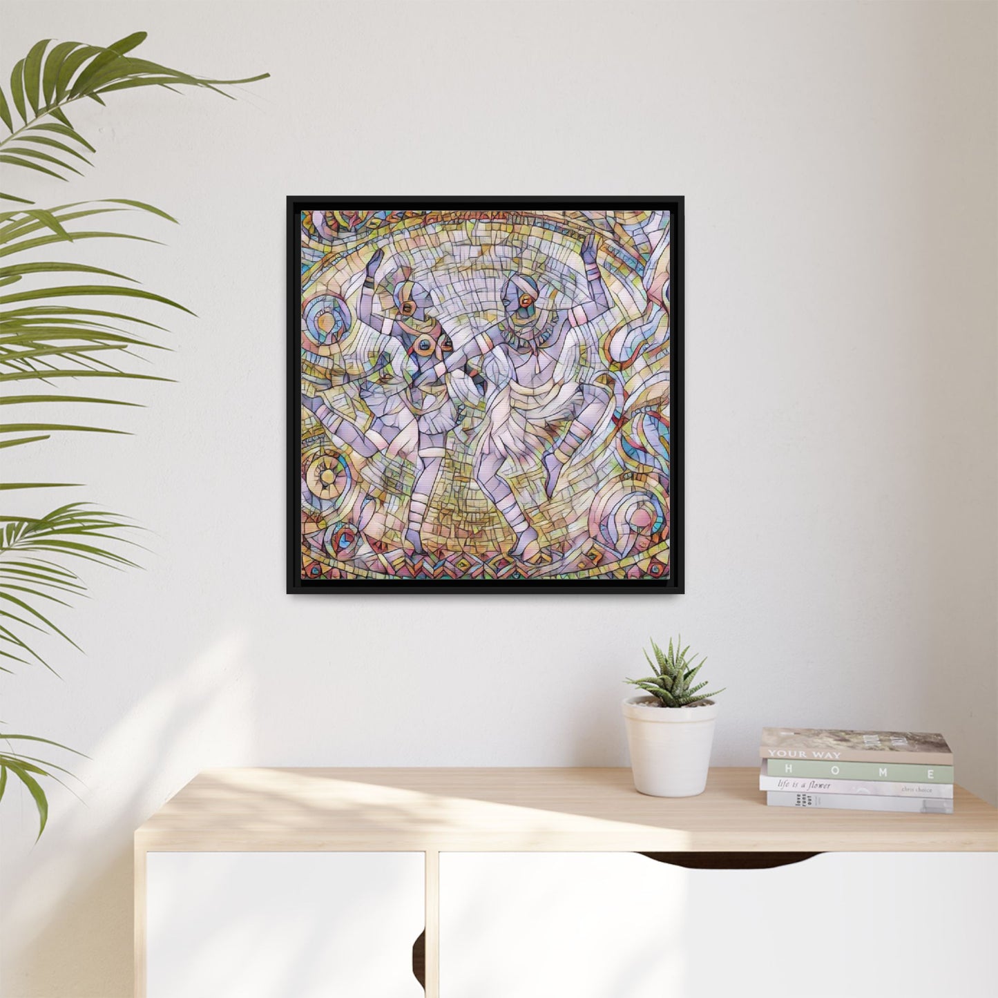 Abstract Dancers Matte Framed Canvas Wall Art — Multi‑Color Stained Glass Style