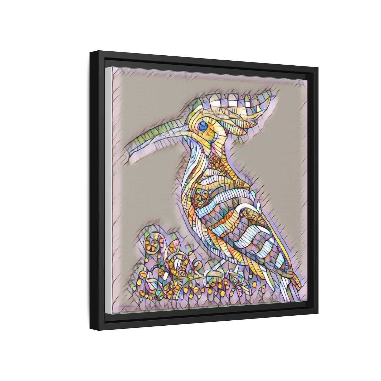 Colorful Mosaic Bird Framed Canvas Art — Whimsical Hoopoe Wall Decor
