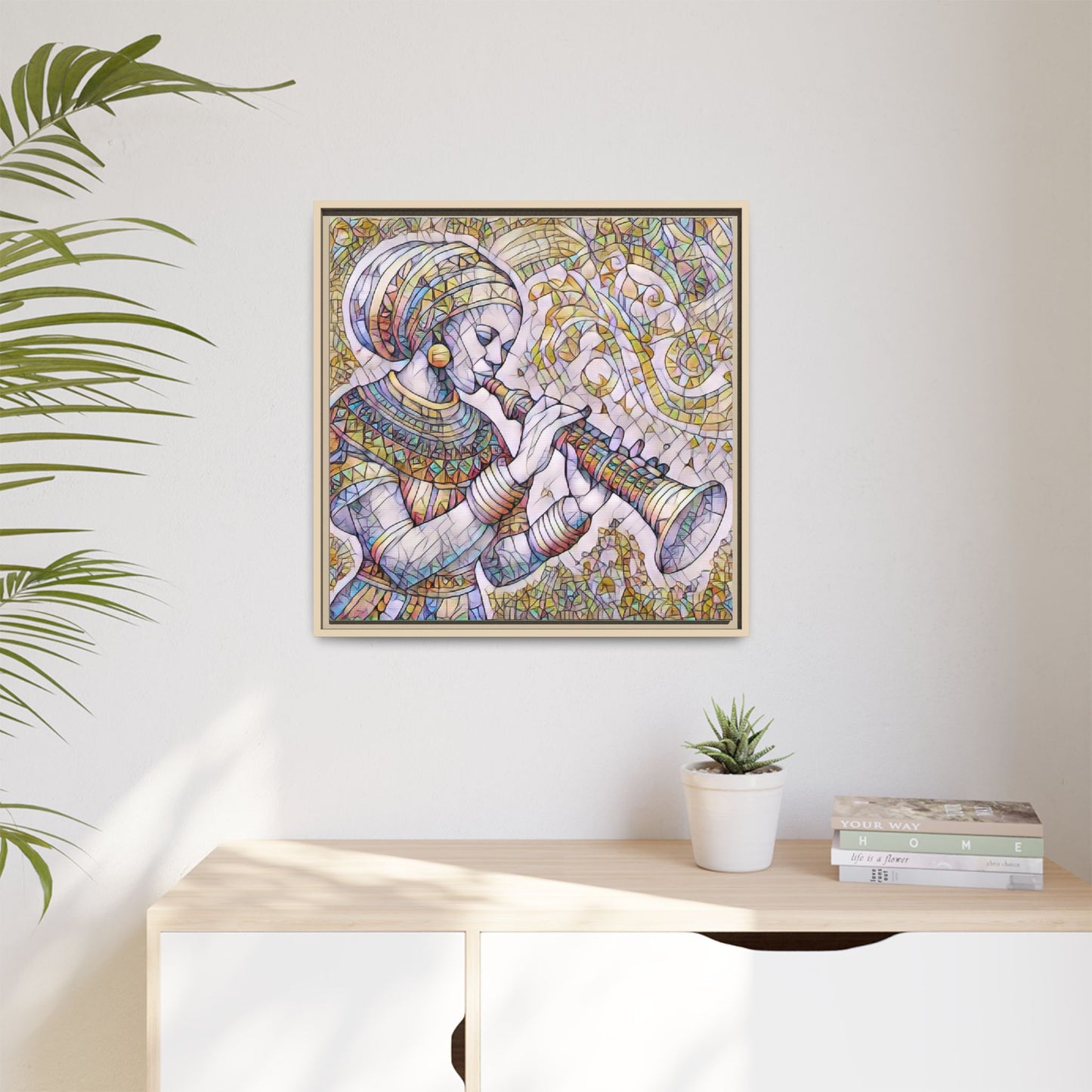 Egyptian Flutist Mosaic Matte Canvas Framed Art