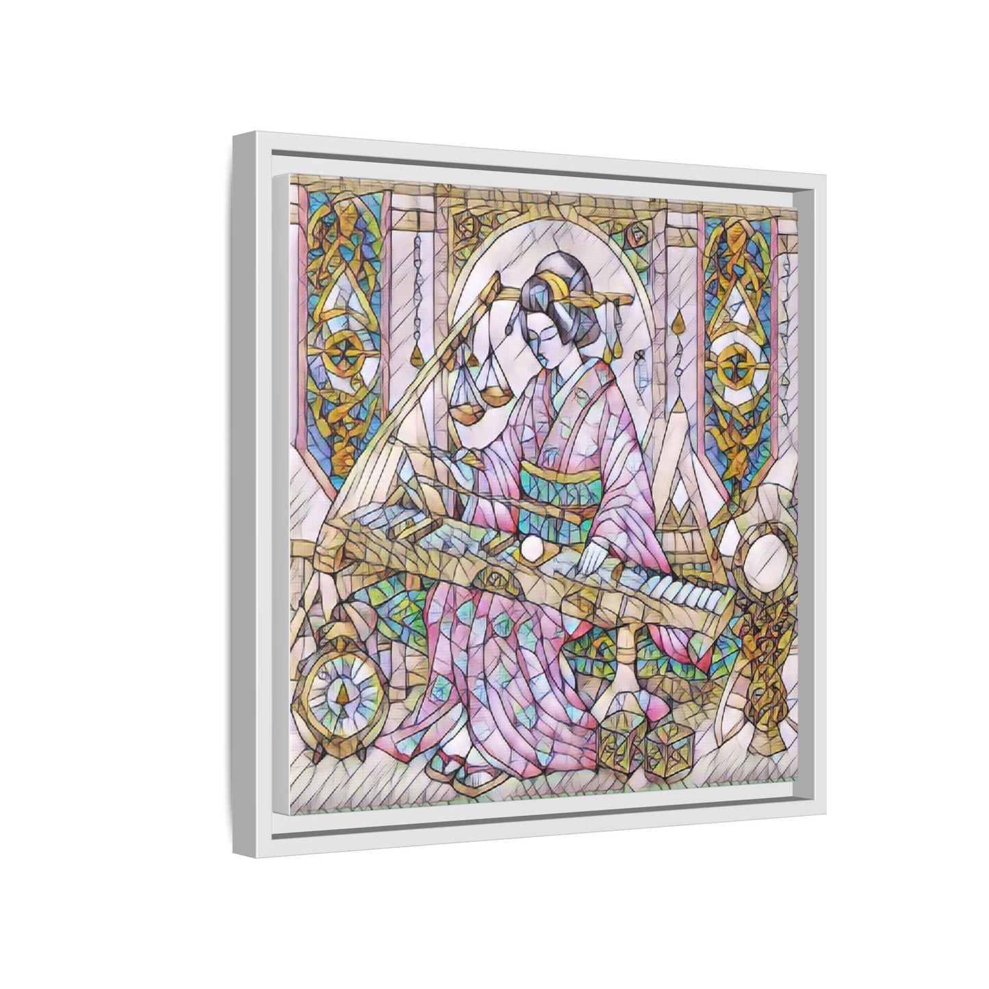 Framed Matte Canvas — Geisha Harp Stained-Glass Art Print