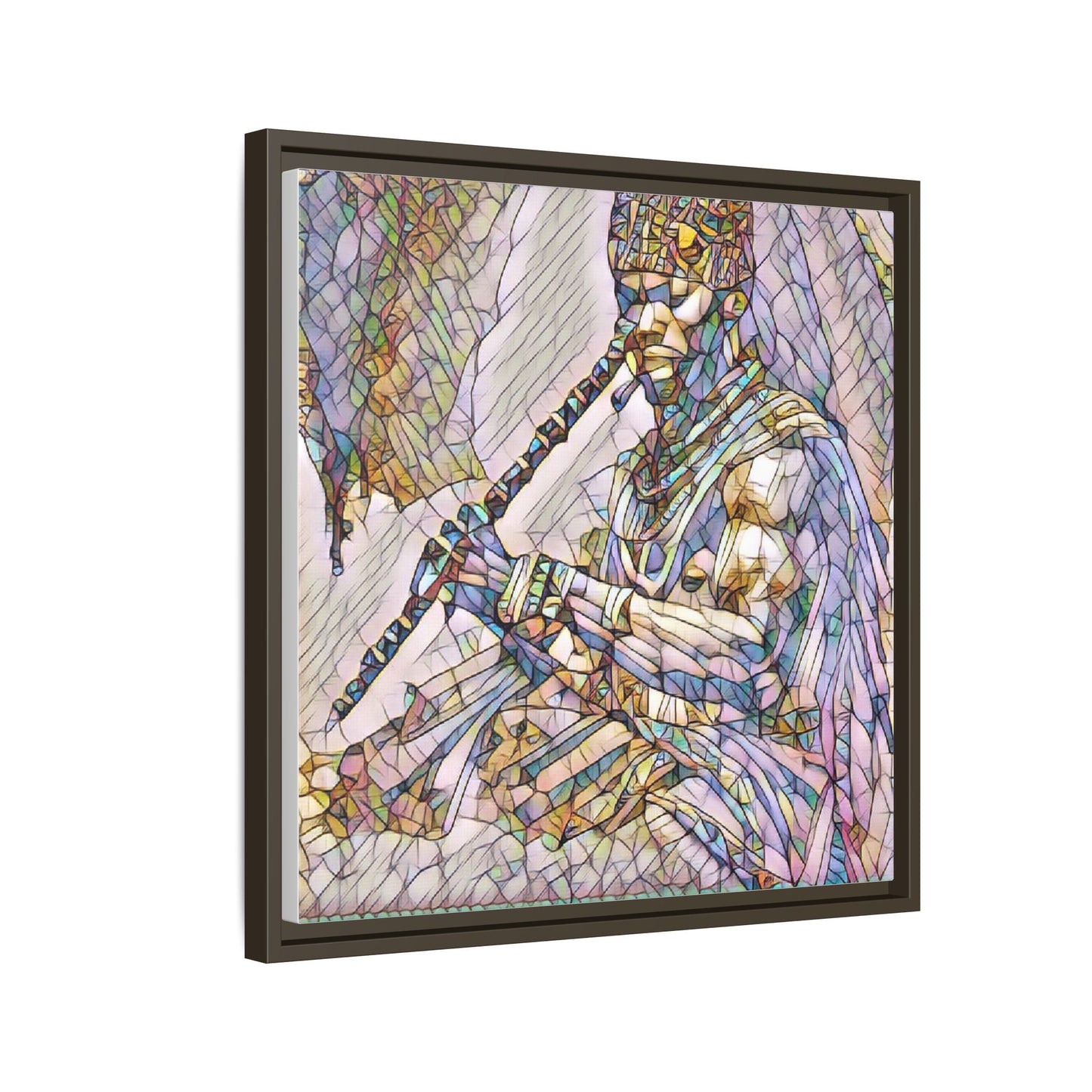 Tribal Flute Musician Stained-Glass Framed Canvas Art