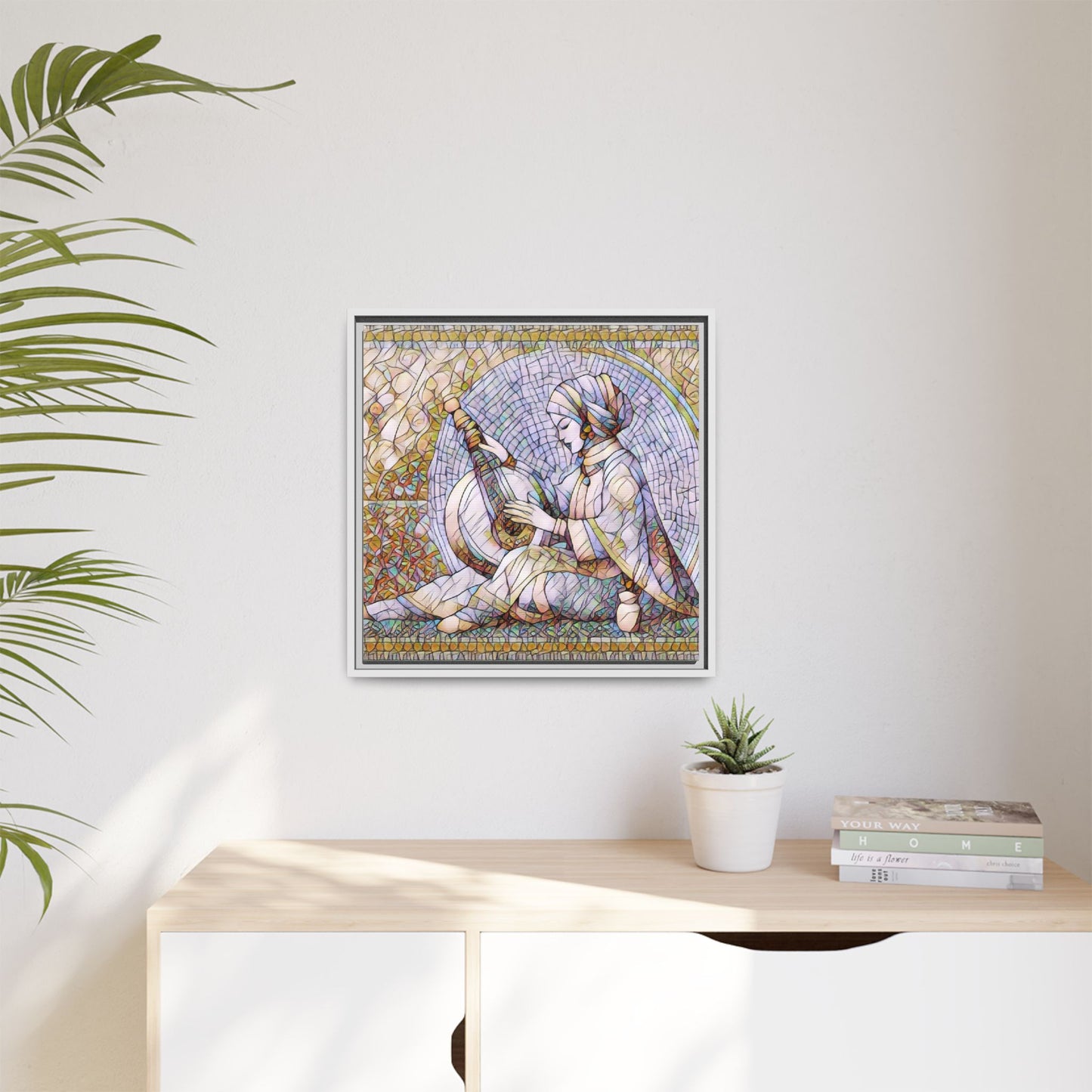 Framed Matte Canvas: Mosaic Lute Player Wall Art — Bohemian Musical Portrait