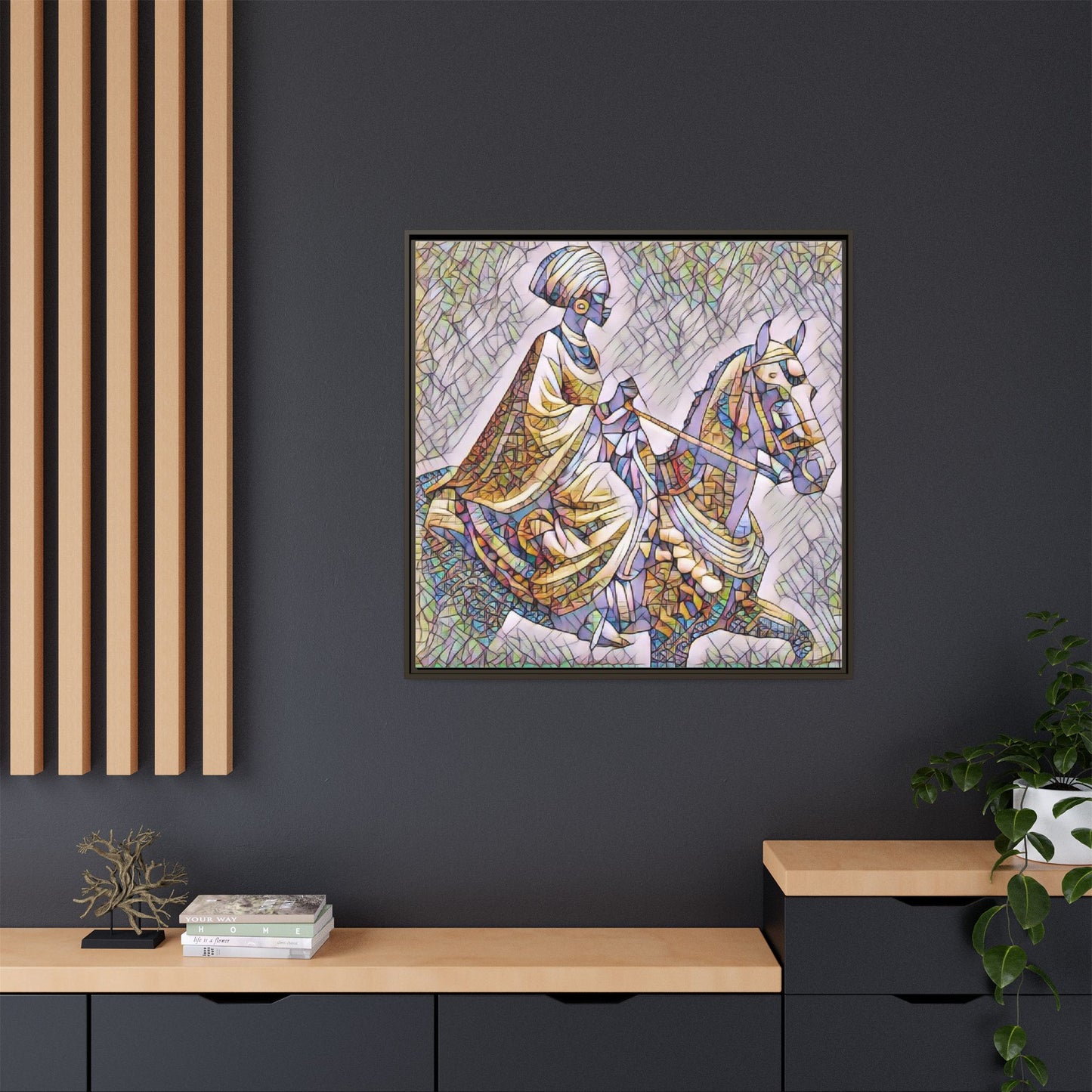Mosaic Rider Framed Canvas Art — African Horsewoman Wall Decor
