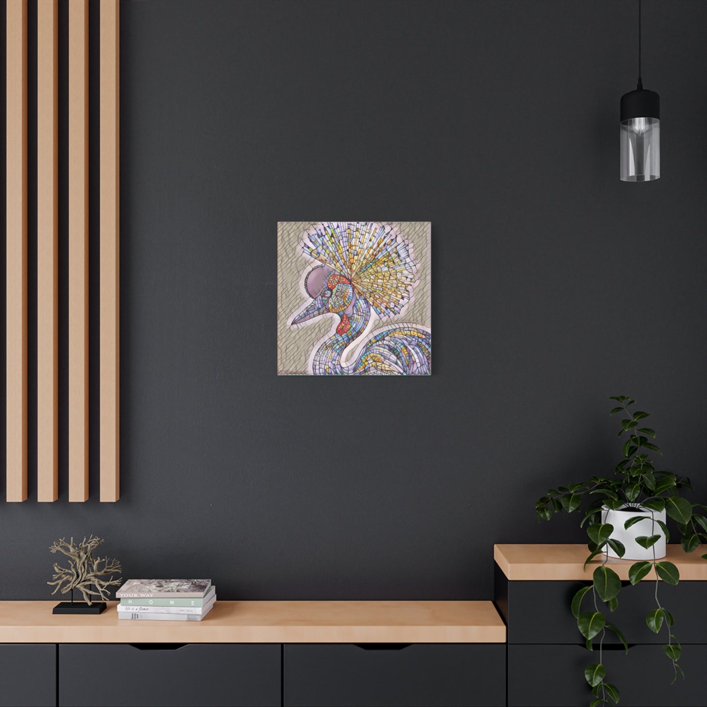 Colorful Mosaic Crowned Crane Canvas Wall Art — Stretched Matte Print