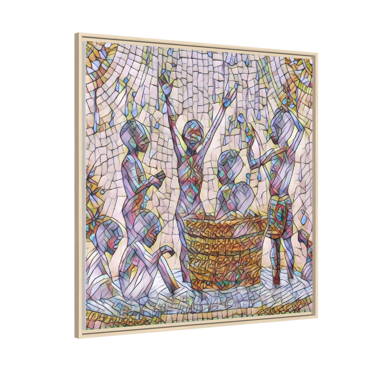 Framed Matte Canvas Art — Children Playing Mosaic Illustration