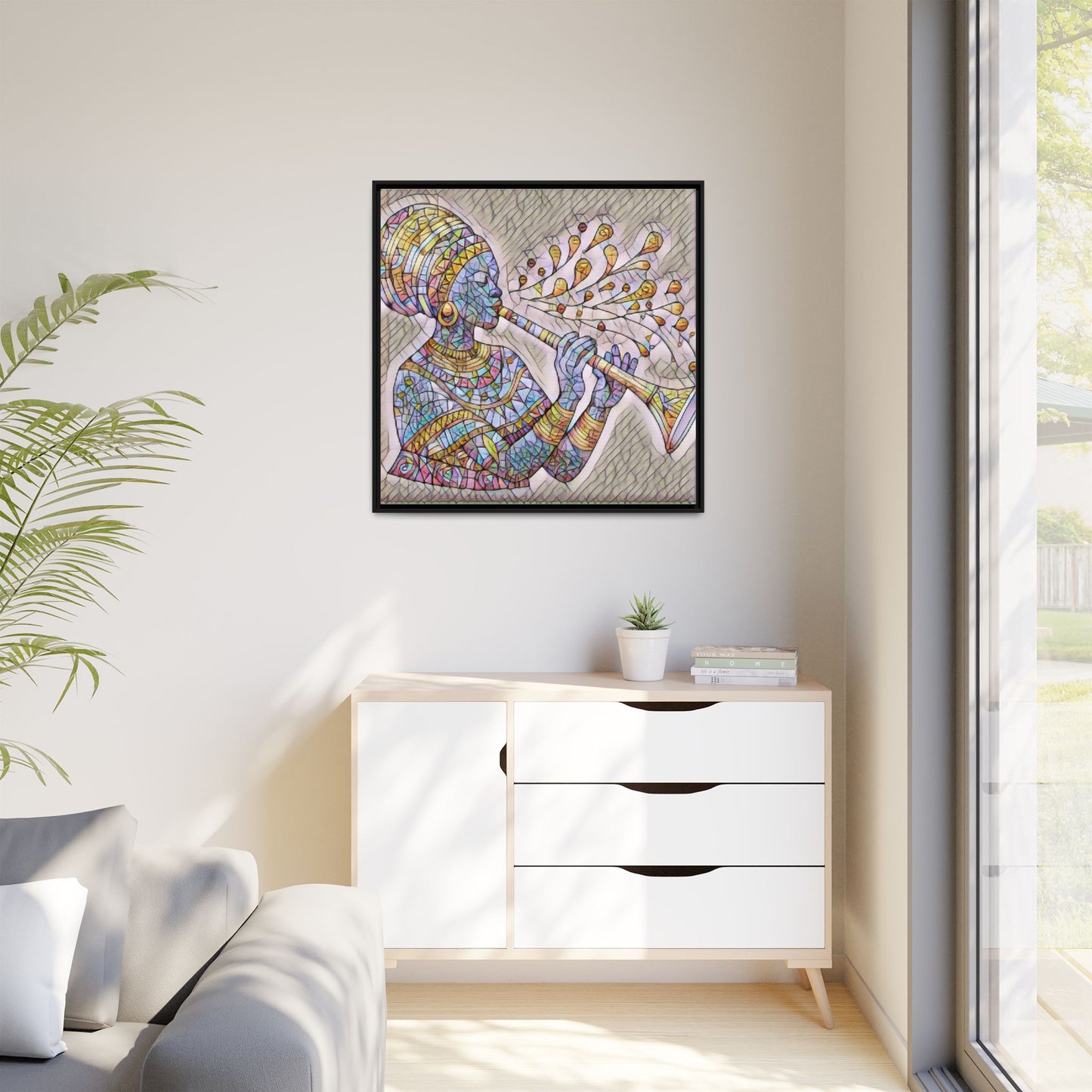 Framed Matte Canvas Art – Colorful African Musician Trumpet Print