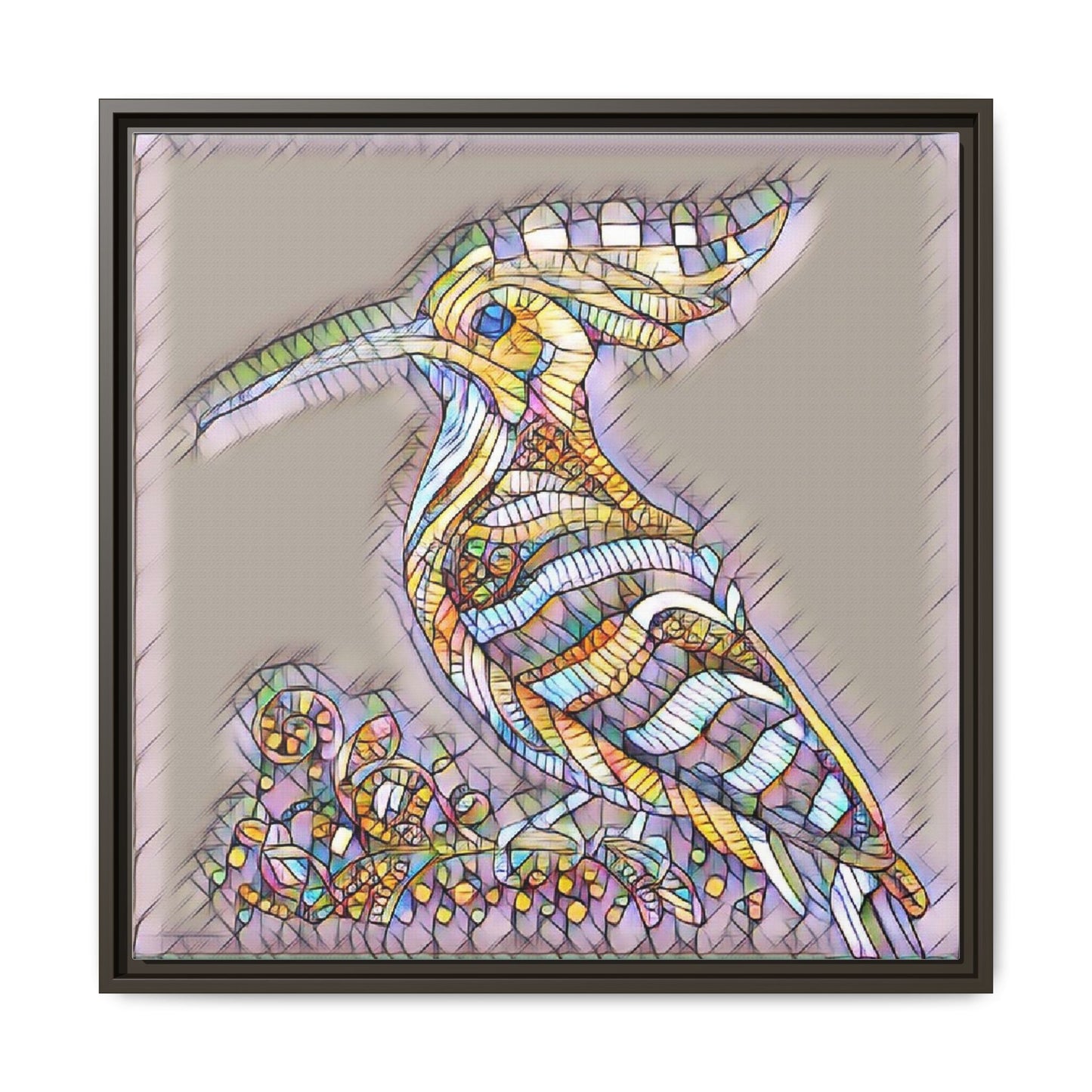 Colorful Mosaic Bird Framed Canvas Art — Whimsical Hoopoe Wall Decor