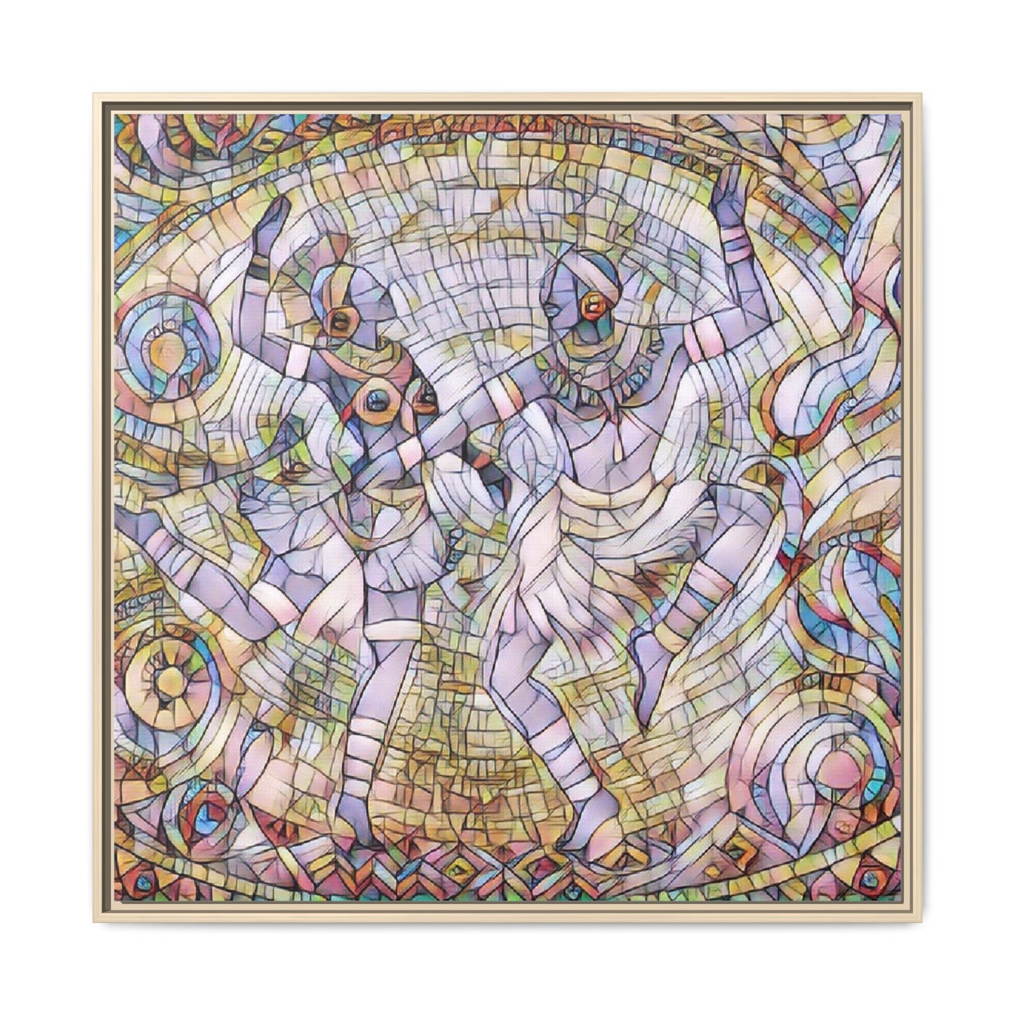 Abstract Dancers Matte Framed Canvas Wall Art — Multi‑Color Stained Glass Style