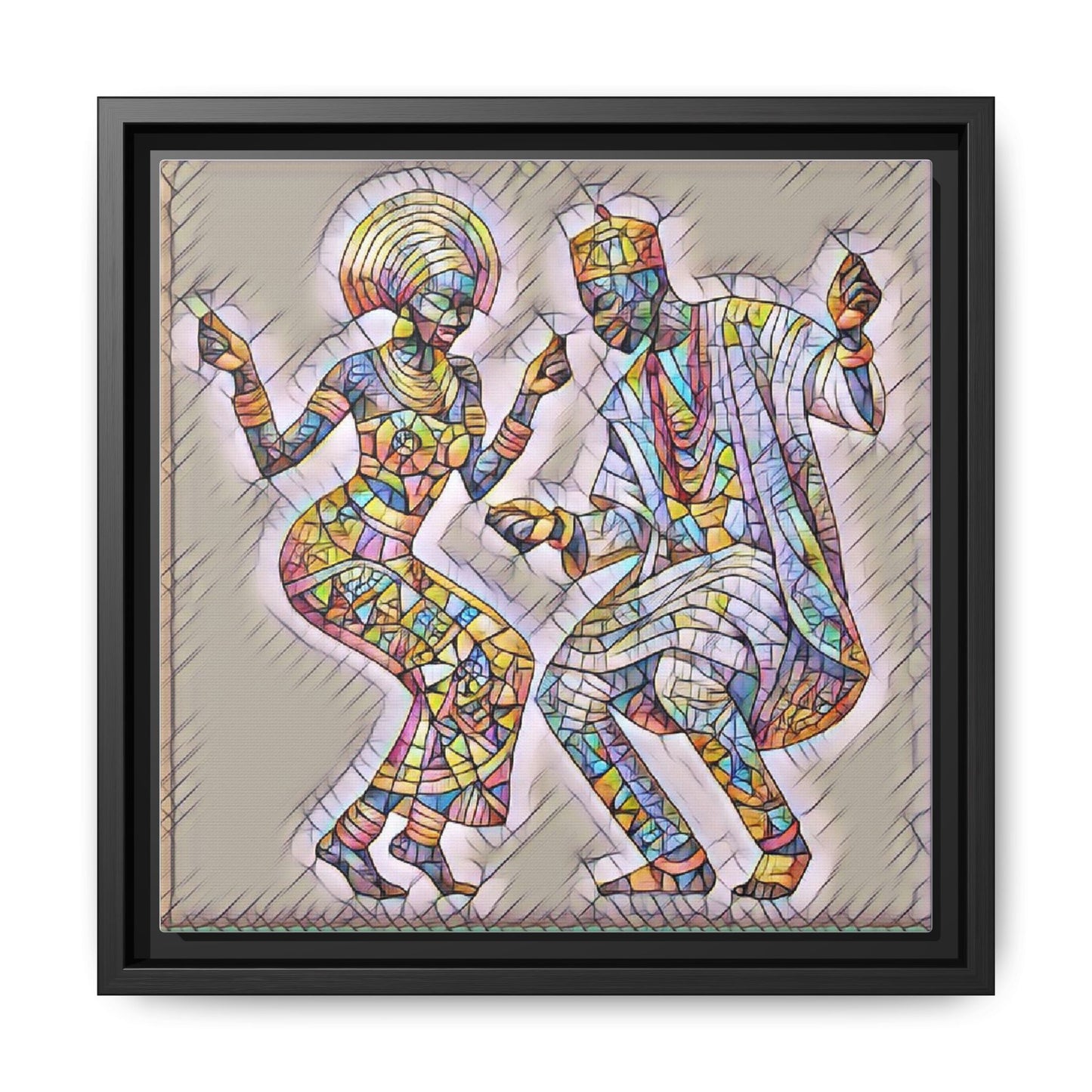Afrobeat Dancers Framed Canvas Art — Colorful Mosaic African Dance Print