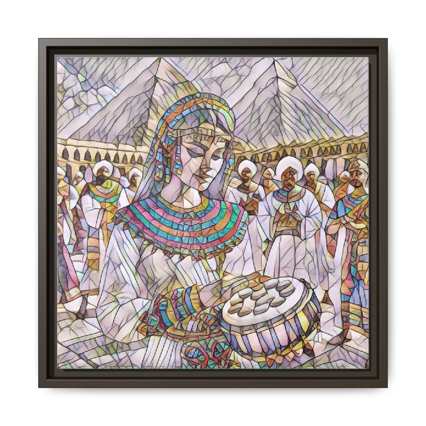 Egyptian Drum Player Framed Canvas Art — Colorful Ancient Scene Wall Decor