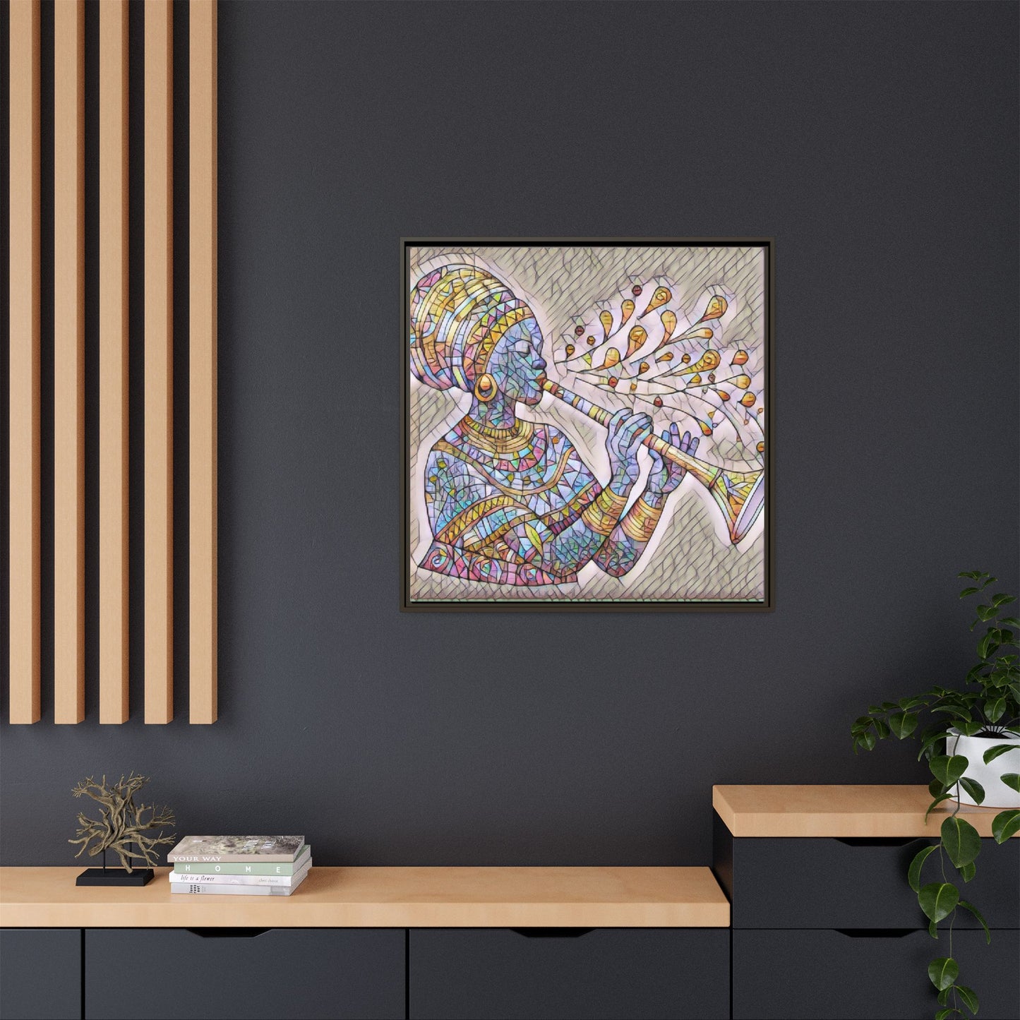 Framed Matte Canvas Art – Colorful African Musician Trumpet Print