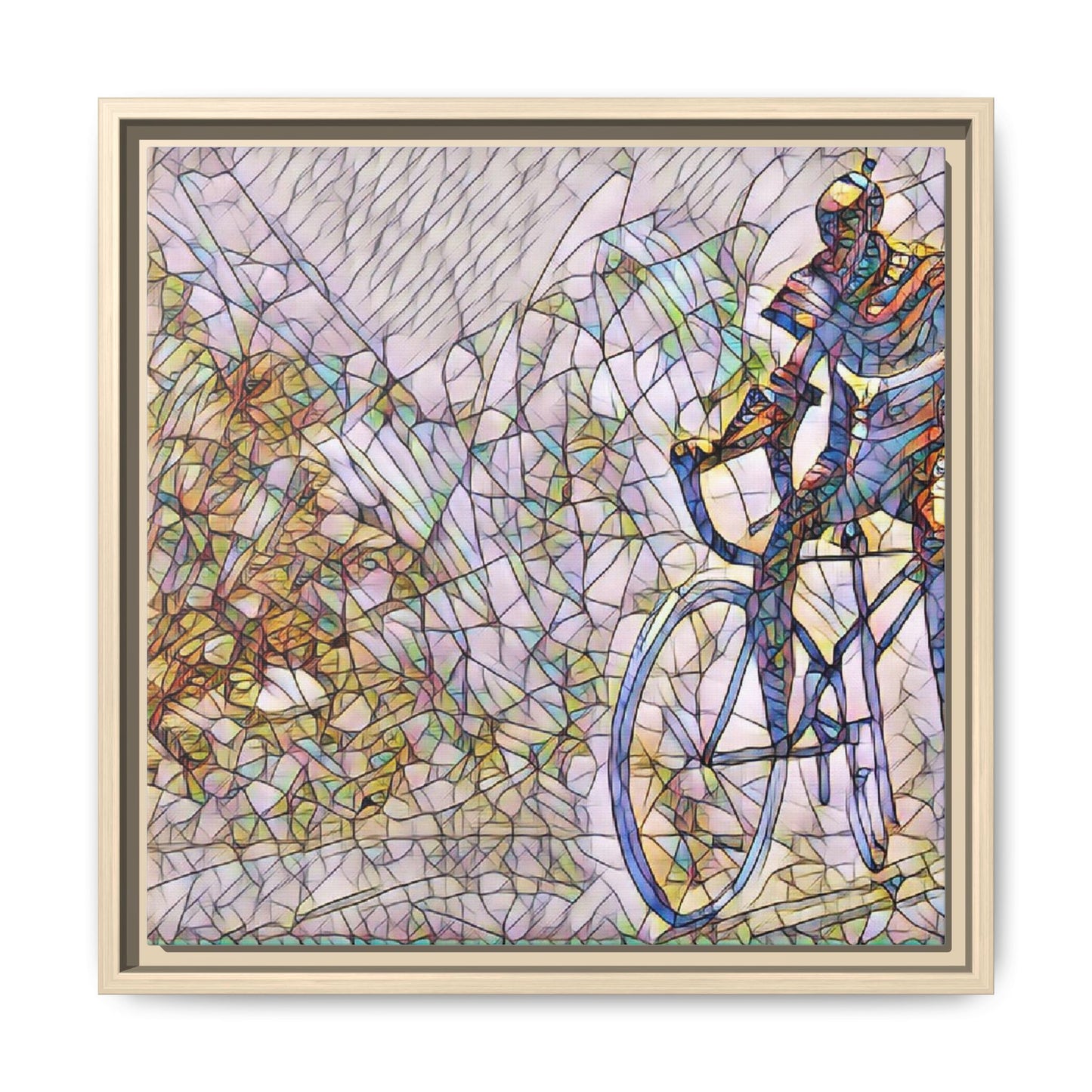 Colorful Cyclist Stained-Glass Art — Framed Matte Canvas