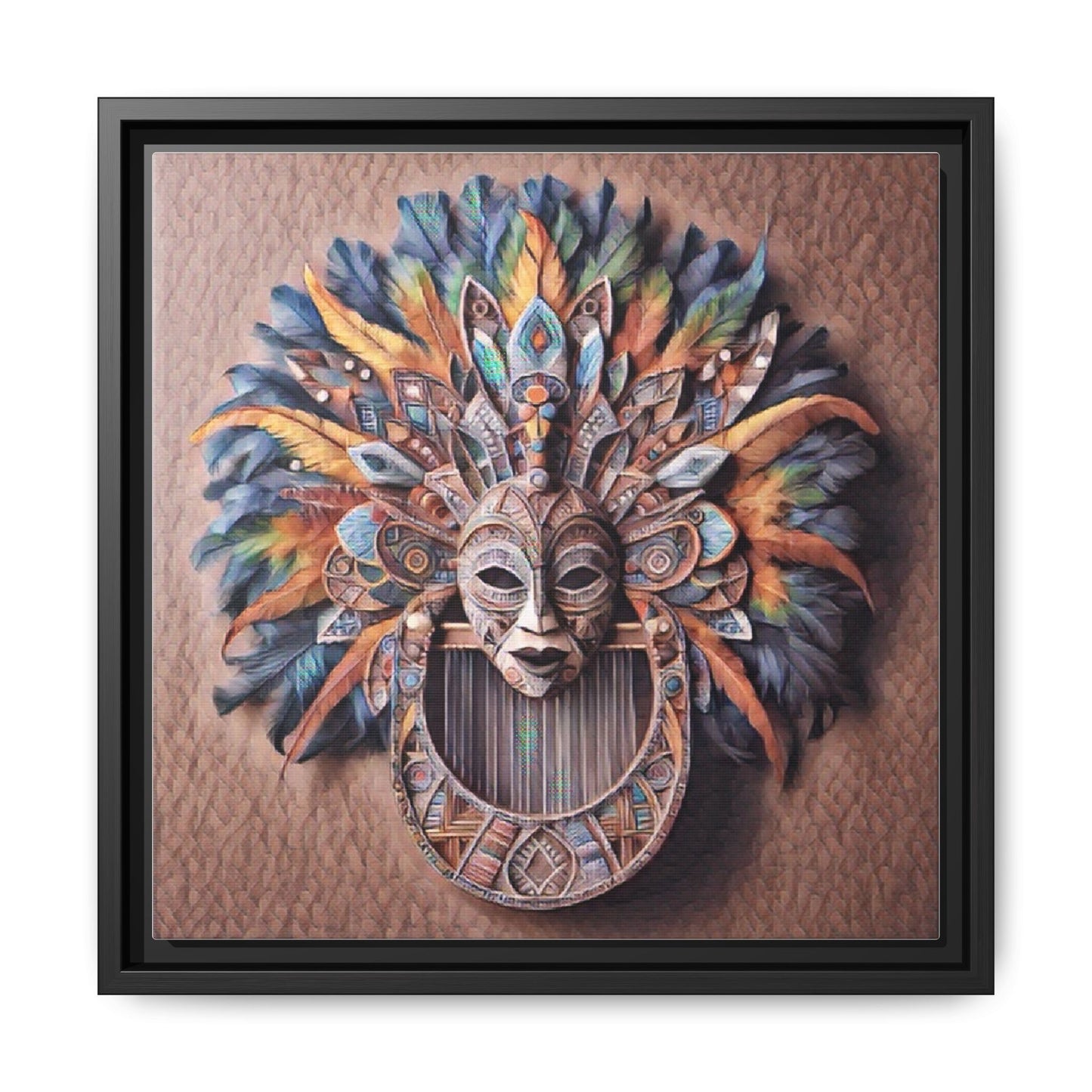 Tribal Feather Mask Framed Canvas Wall Art — Colorful Boho Decorative Print