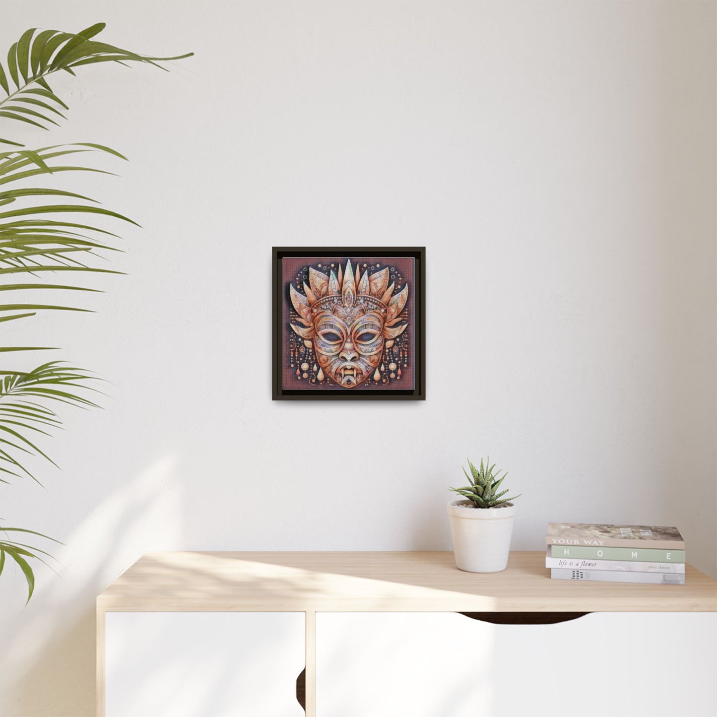 Tribal Sun Mask Framed Canvas Art — Boho Ethnic Wall Decor