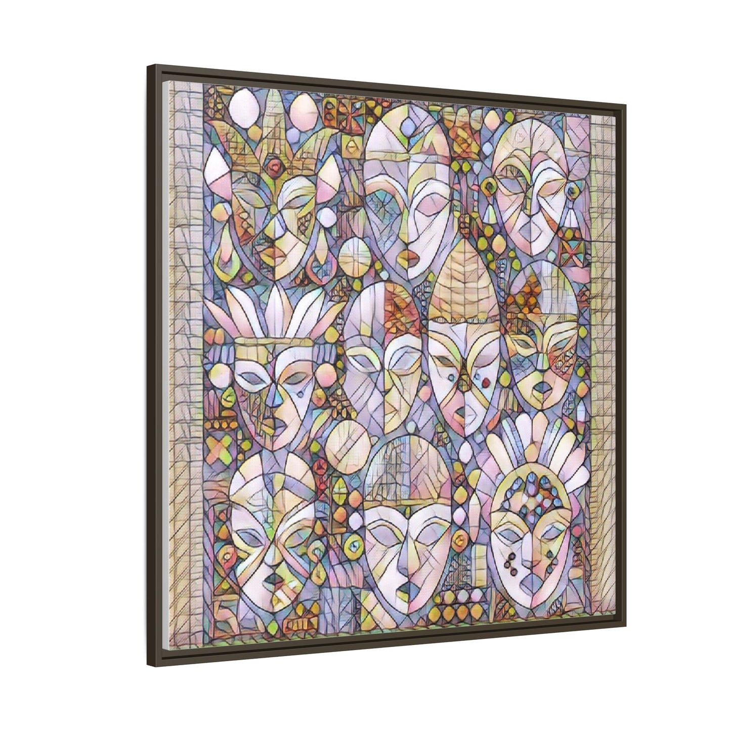 Framed Abstract Mask Art Canvas — Multicolor Stained-Glass Faces Wall Decor
