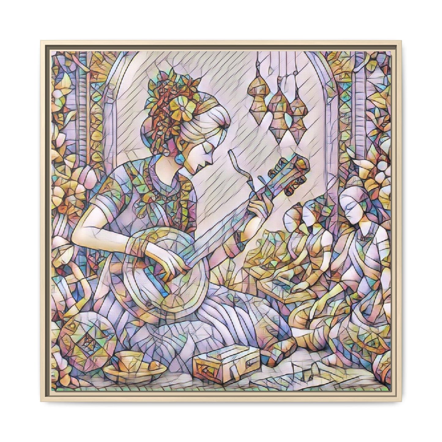 Framed Matte Canvas: Bohemian Woman Playing Lute — Stained-Glass Style Wall Art