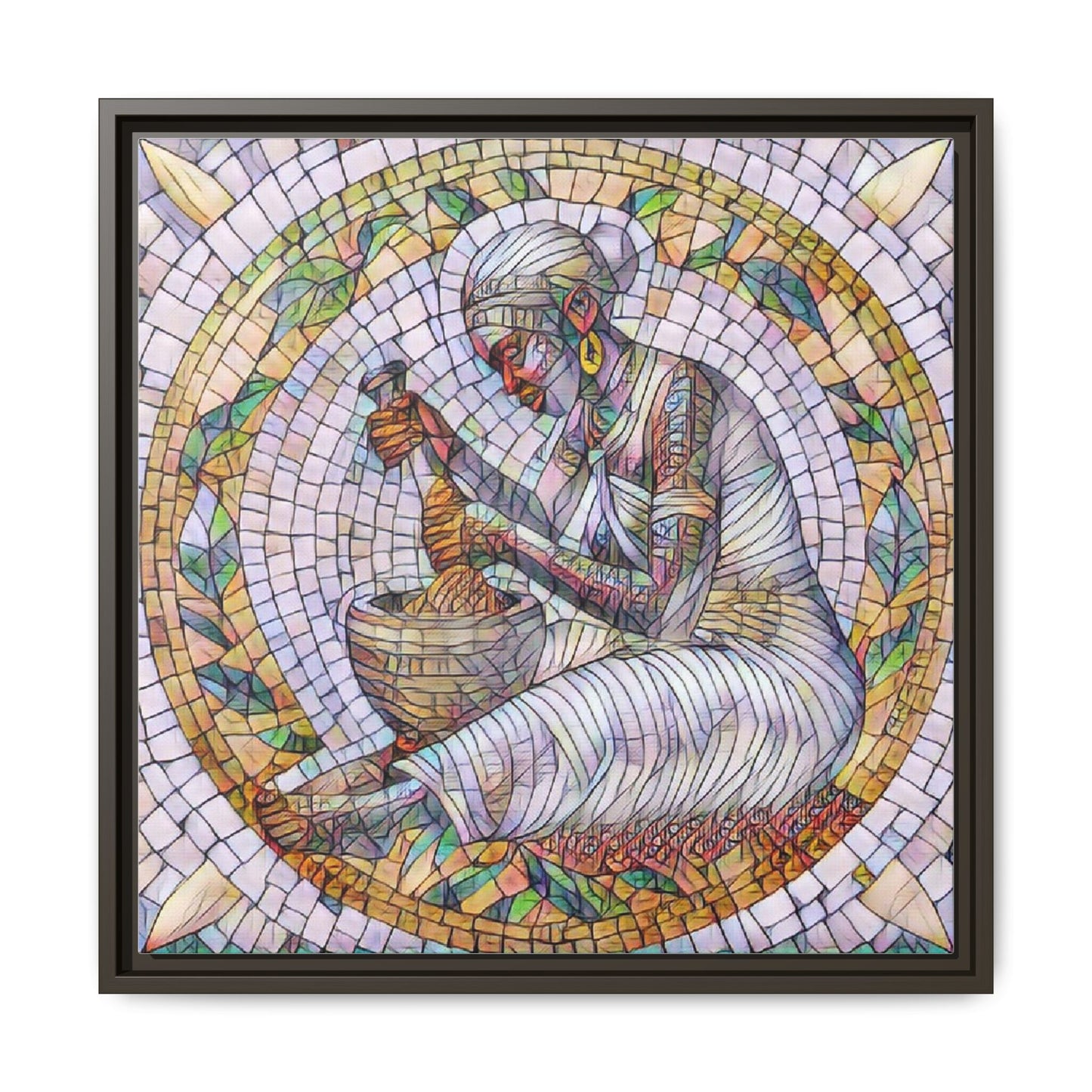 Framed Mosaic Art Print — Woman Grinding Grain (Matte Canvas)