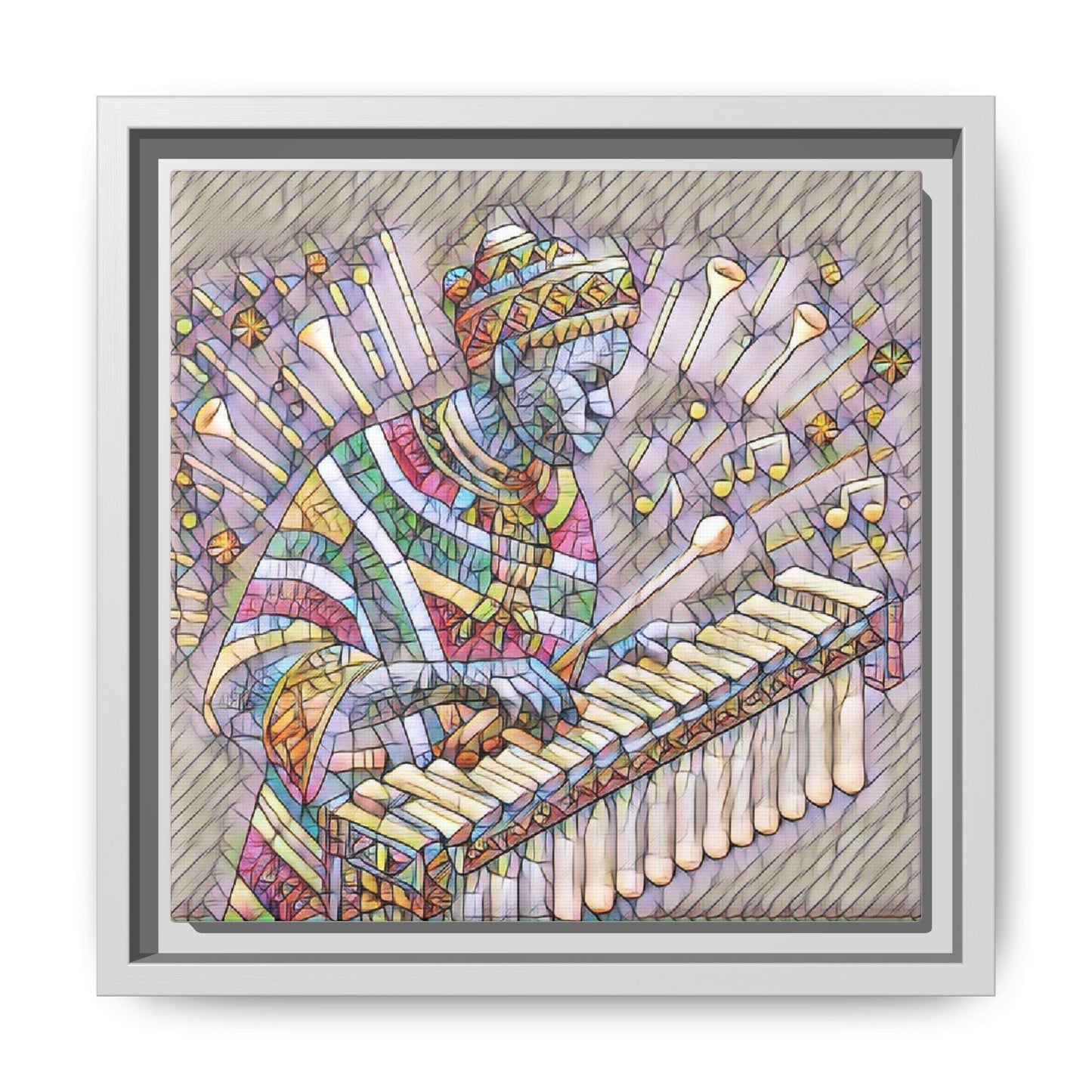 Colorful Marimba Musician Matte Framed Canvas — Vibrant African Instrument Wall Art