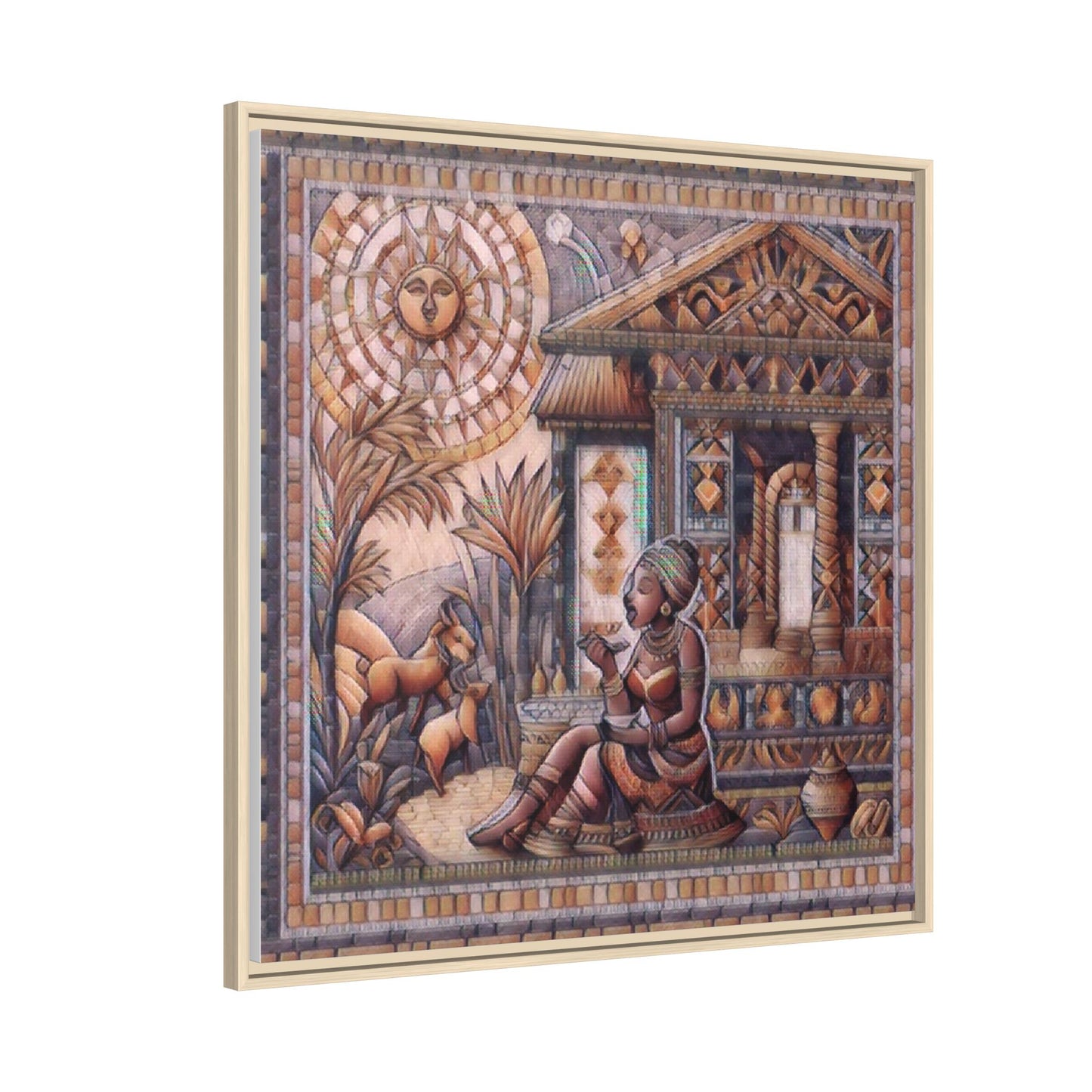Egyptian Goddess Mosaic Framed Canvas Art — Colorful Ancient Ritual Wall Decor