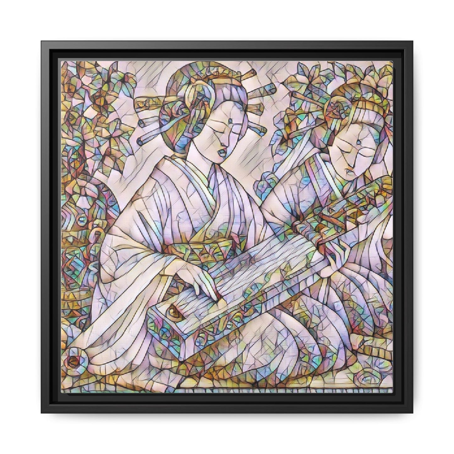 Framed Matte Canvas Print — Stained-Glass Geisha Duo