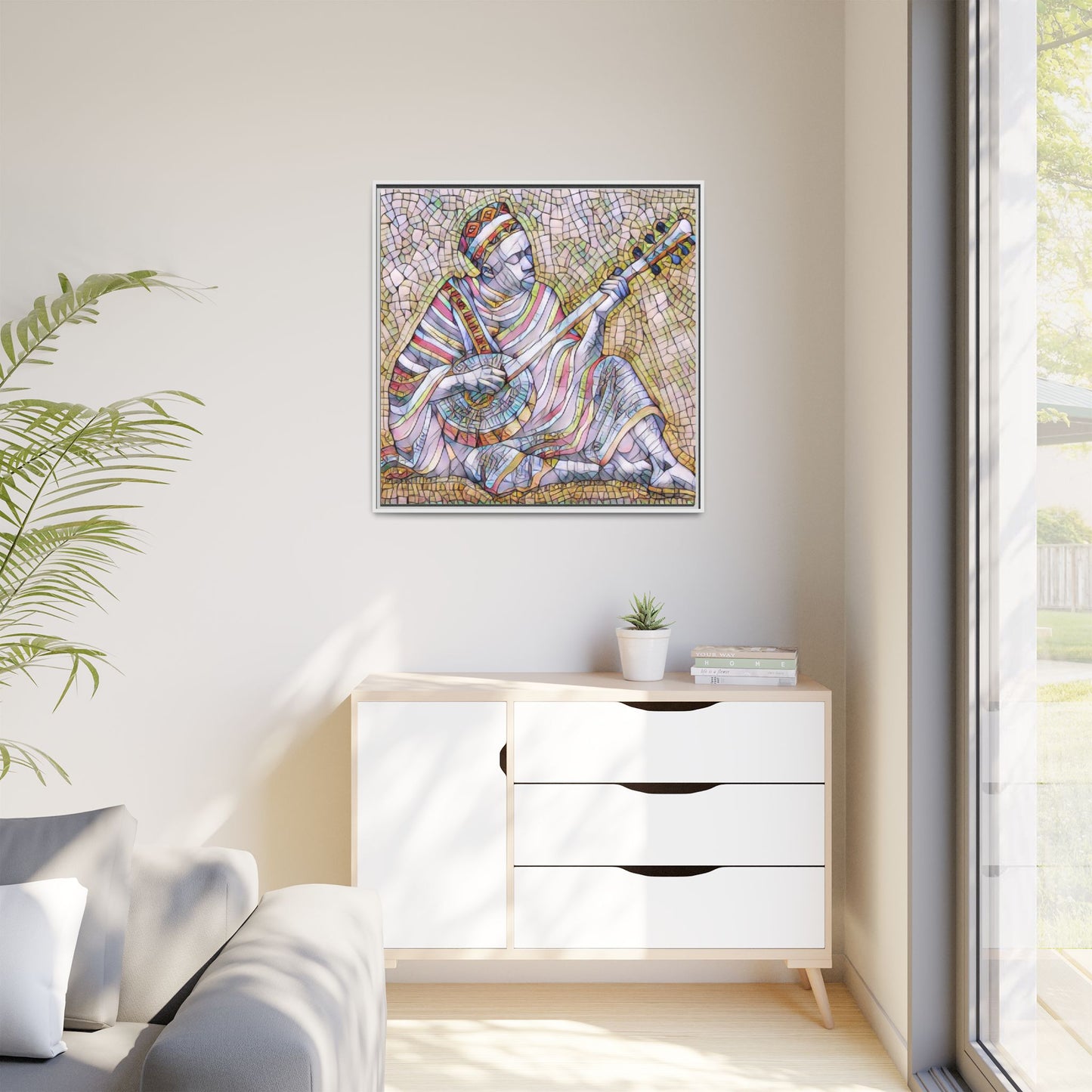 Framed Mosaic Musician Canvas – Colorful Bohemian Wall Art