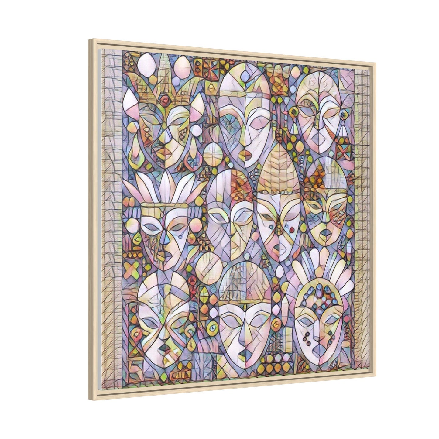 Framed Abstract Mask Art Canvas — Multicolor Stained-Glass Faces Wall Decor