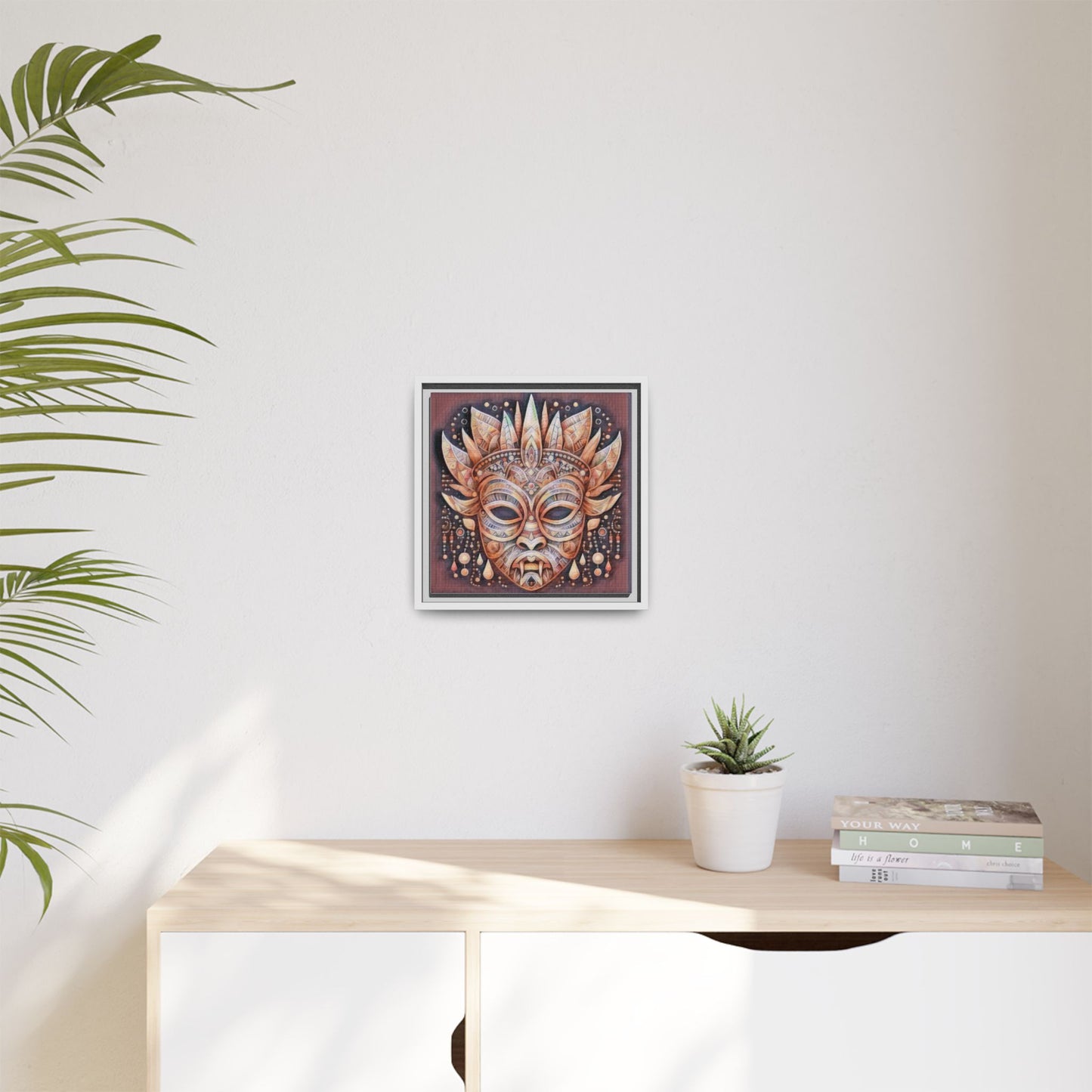 Tribal Sun Mask Framed Canvas Art — Boho Ethnic Wall Decor