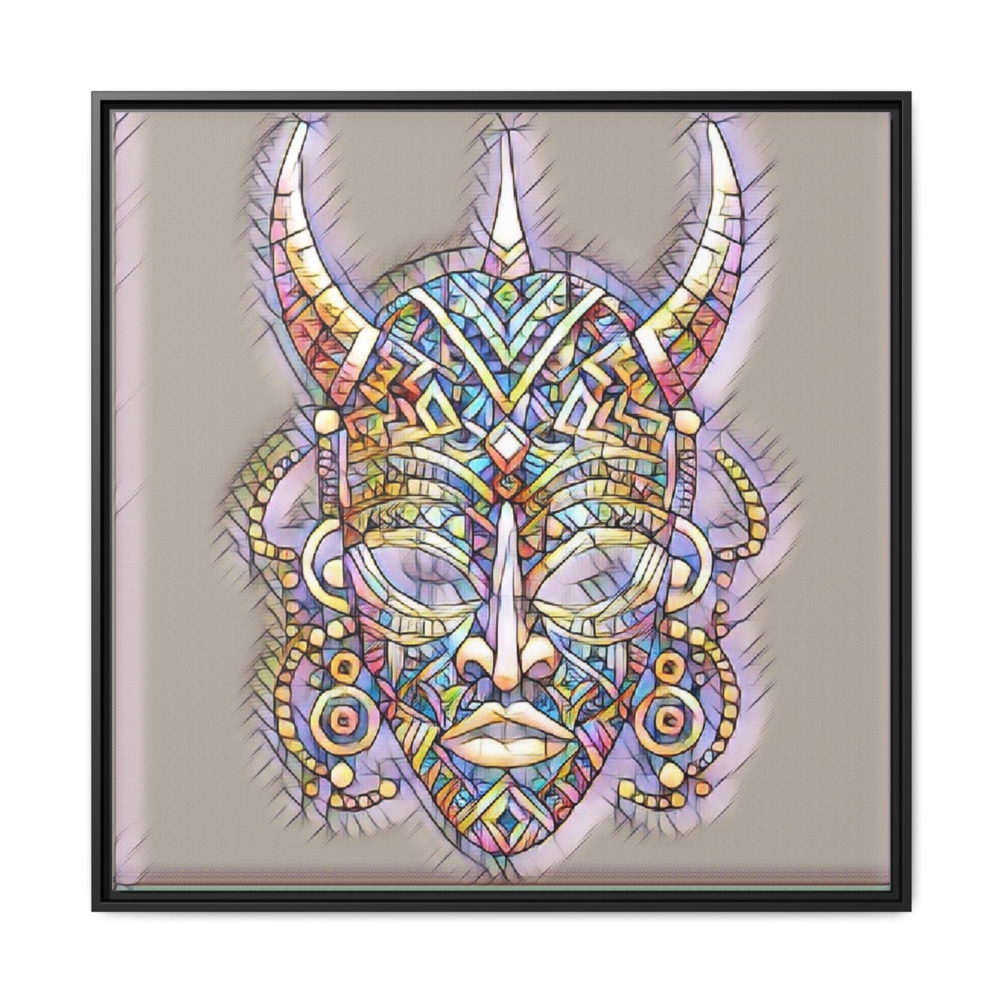 Colorful Tribal Mask Framed Canvas Art — Abstract Ethnic Wall Decor