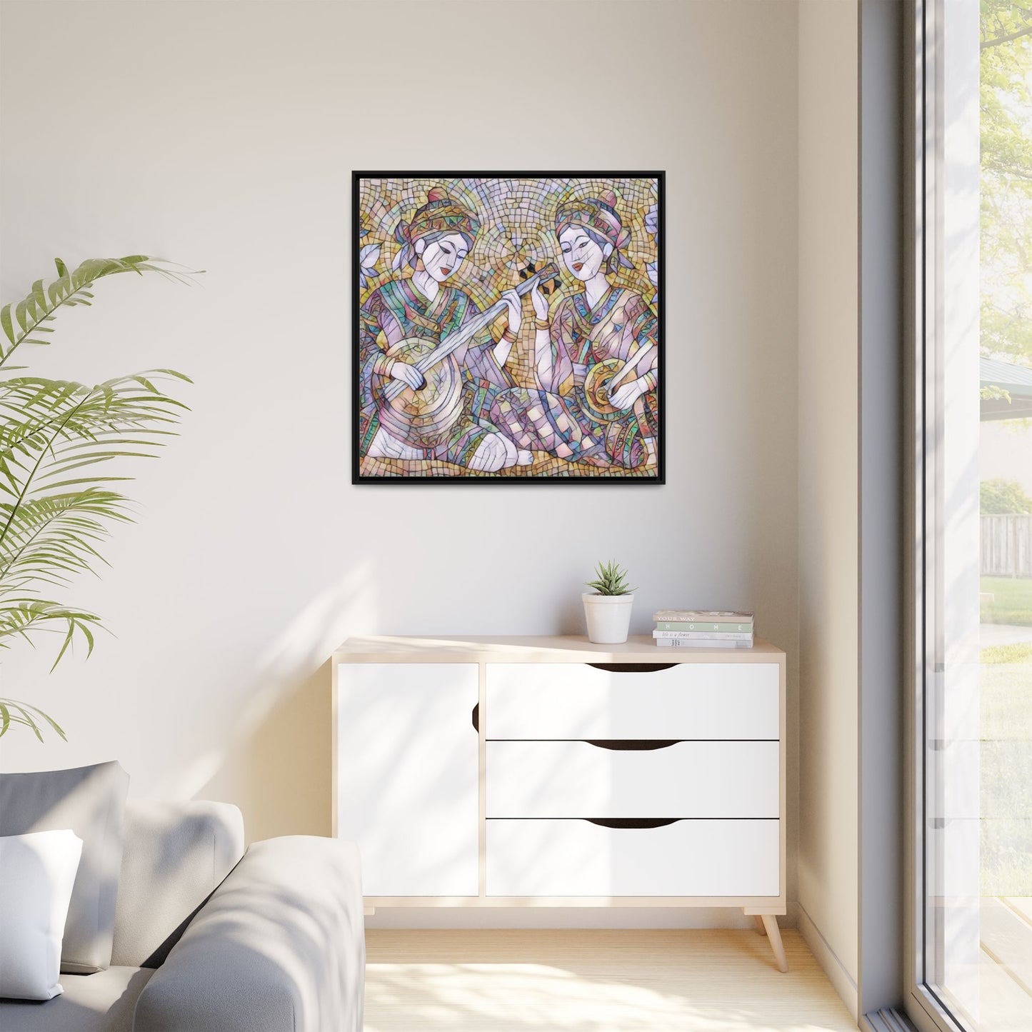 Framed Mosaic Musician Canvas Art — Ethnic Duo Wall Decor
