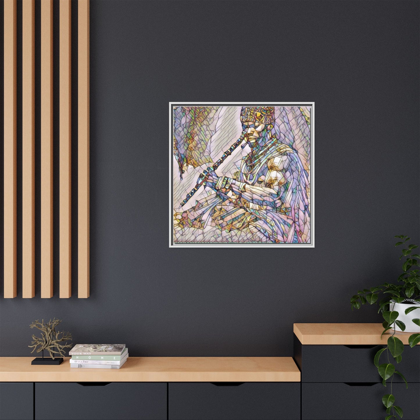 Tribal Flute Musician Stained-Glass Framed Canvas Art