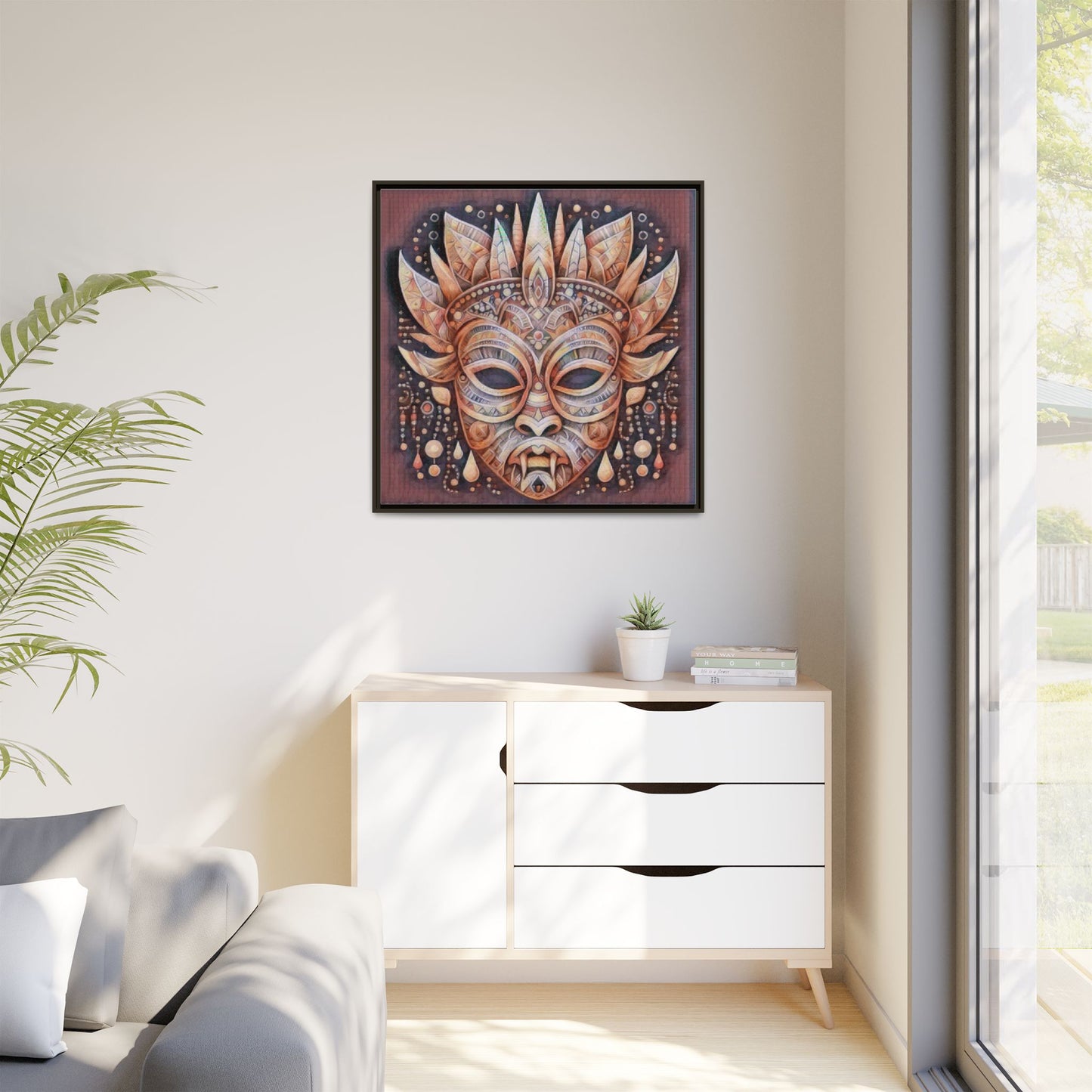 Tribal Sun Mask Framed Canvas Art — Boho Ethnic Wall Decor