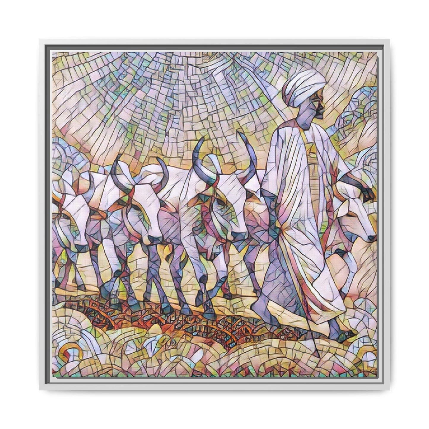 Framed Matte Canvas Art — African Herdsman Mosaic Print