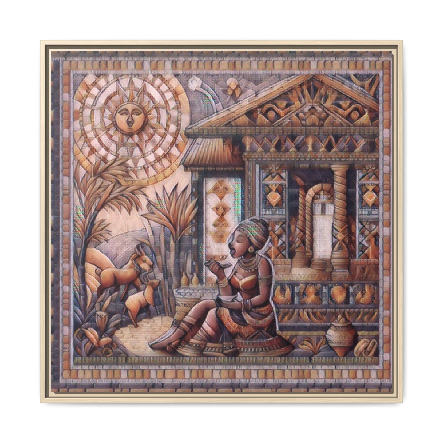 Egyptian Goddess Mosaic Framed Canvas Art — Colorful Ancient Ritual Wall Decor