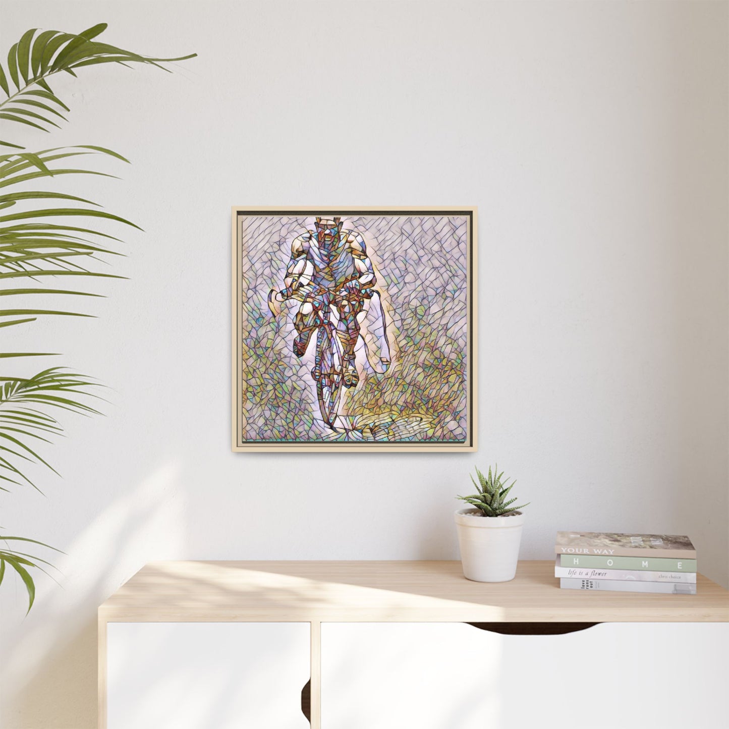 Cyclist Art Print — Framed Matte Canvas Wall Art (Multicolor Stained-Glass Style)