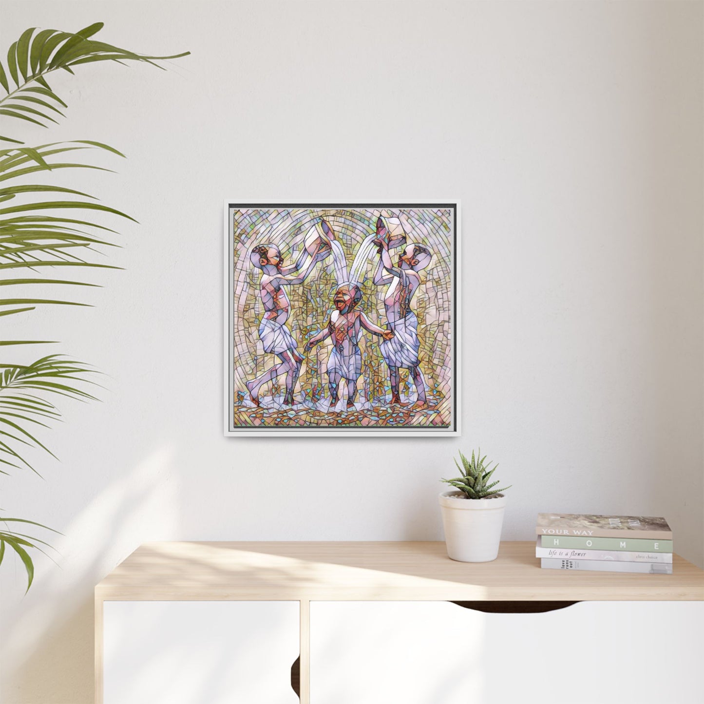 Framed Matte Canvas Art – Joyful Water Dance Family Stained-Glass Print