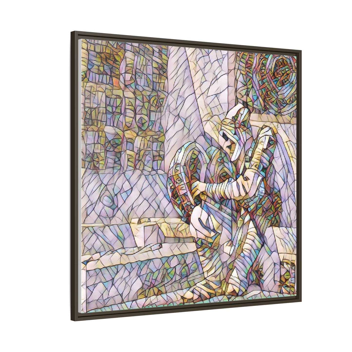 Framed Matte Canvas Art — Colorful Stained-Glass Astronaut Embrace