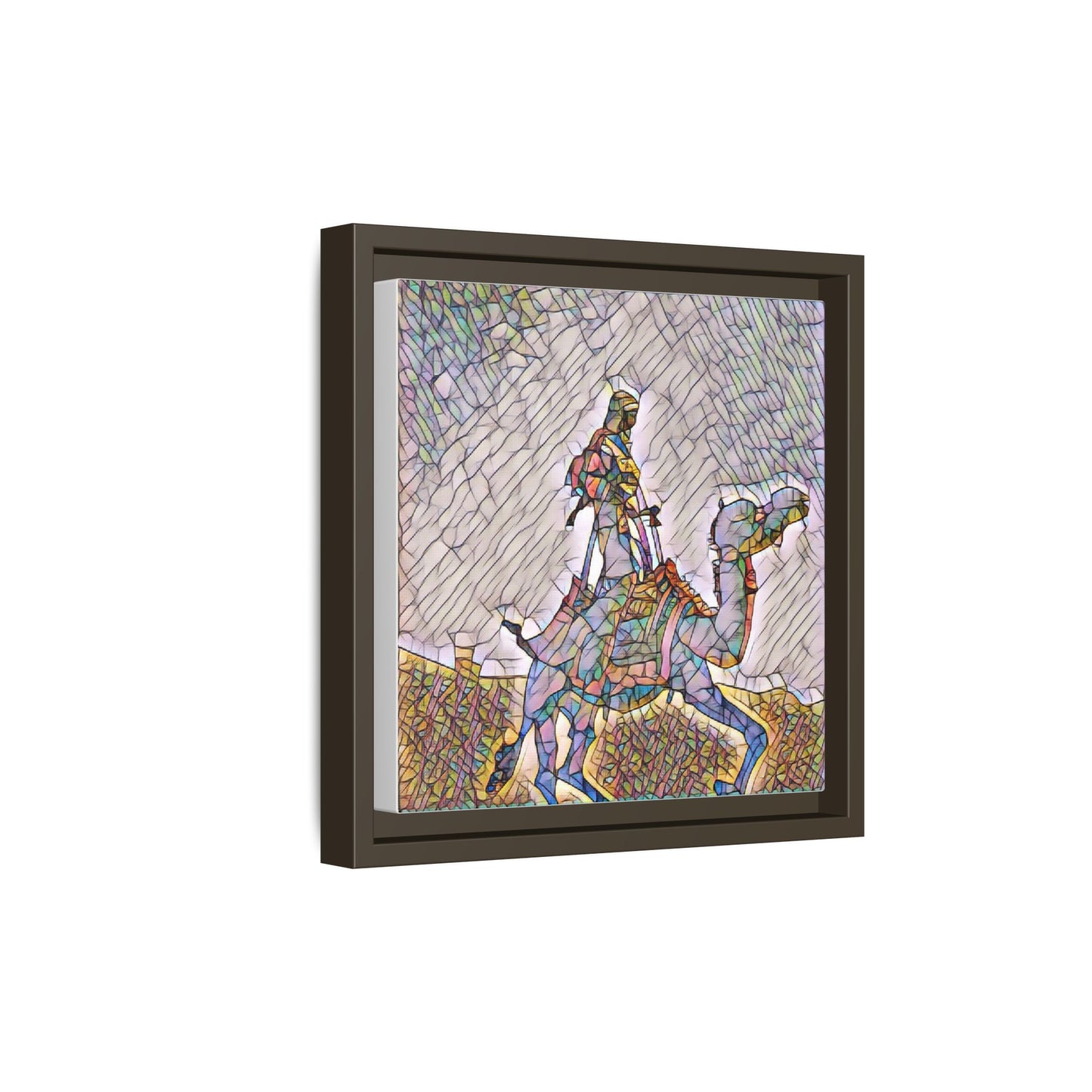 Framed Camel Rider Matte Canvas Art — Colorful Mosaic Desert Wall Decor