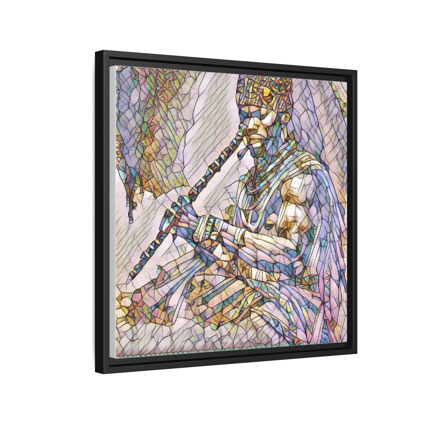 Tribal Flute Musician Stained-Glass Framed Canvas Art