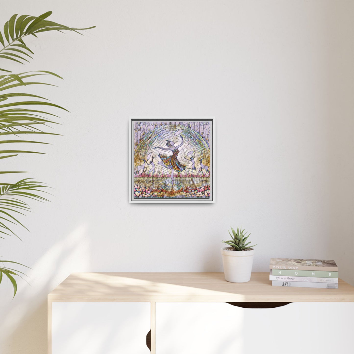Stained Glass Ballerina Framed Canvas Art — Dancer Mosaic Wall Decor